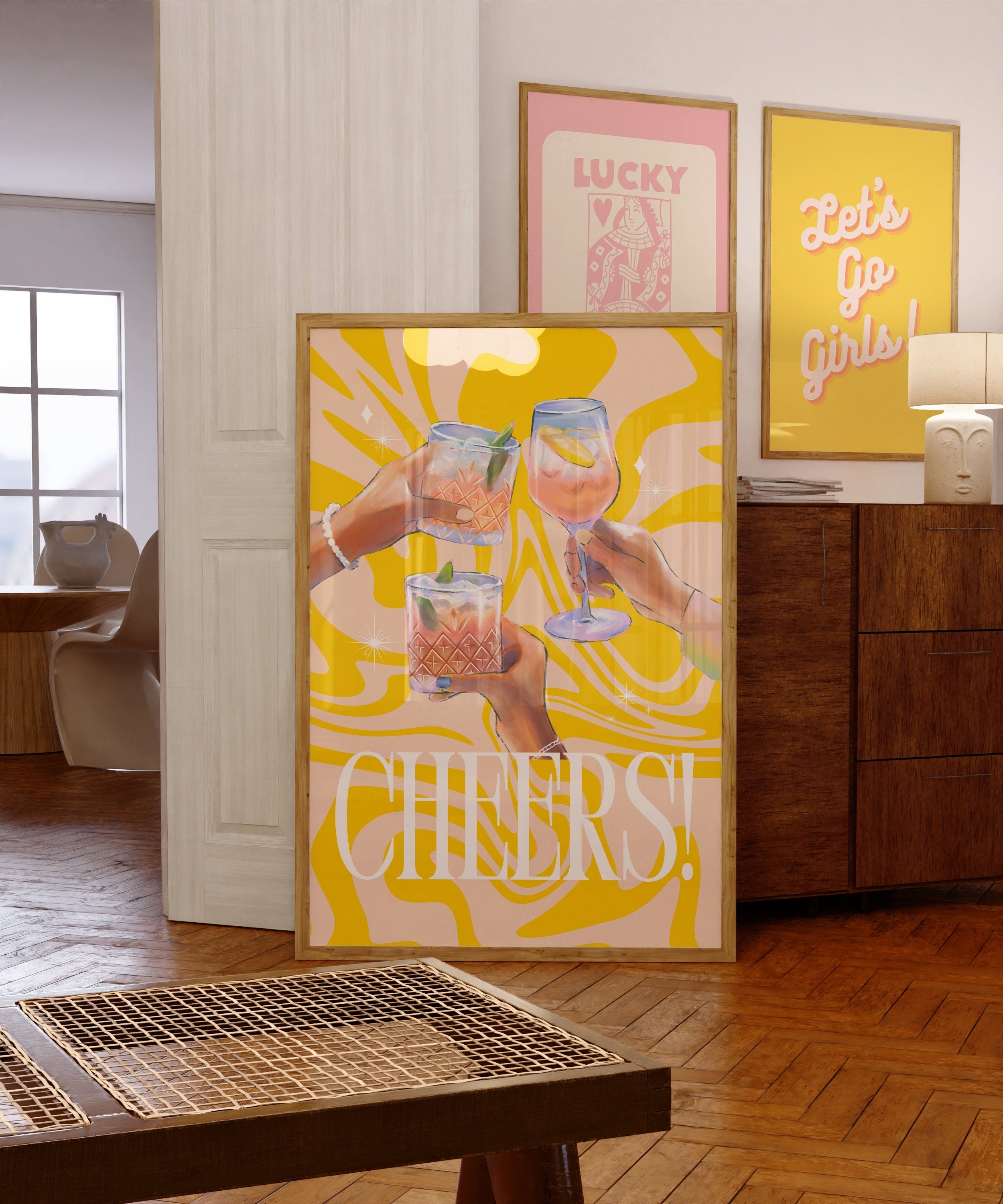 Cheers Art Prints, Martini Art, Retro Cocktail Print, Groovy Bar Cart, Maximalist Art, Yellow Digital Print, Bar Cart Decor, GS print shoppe