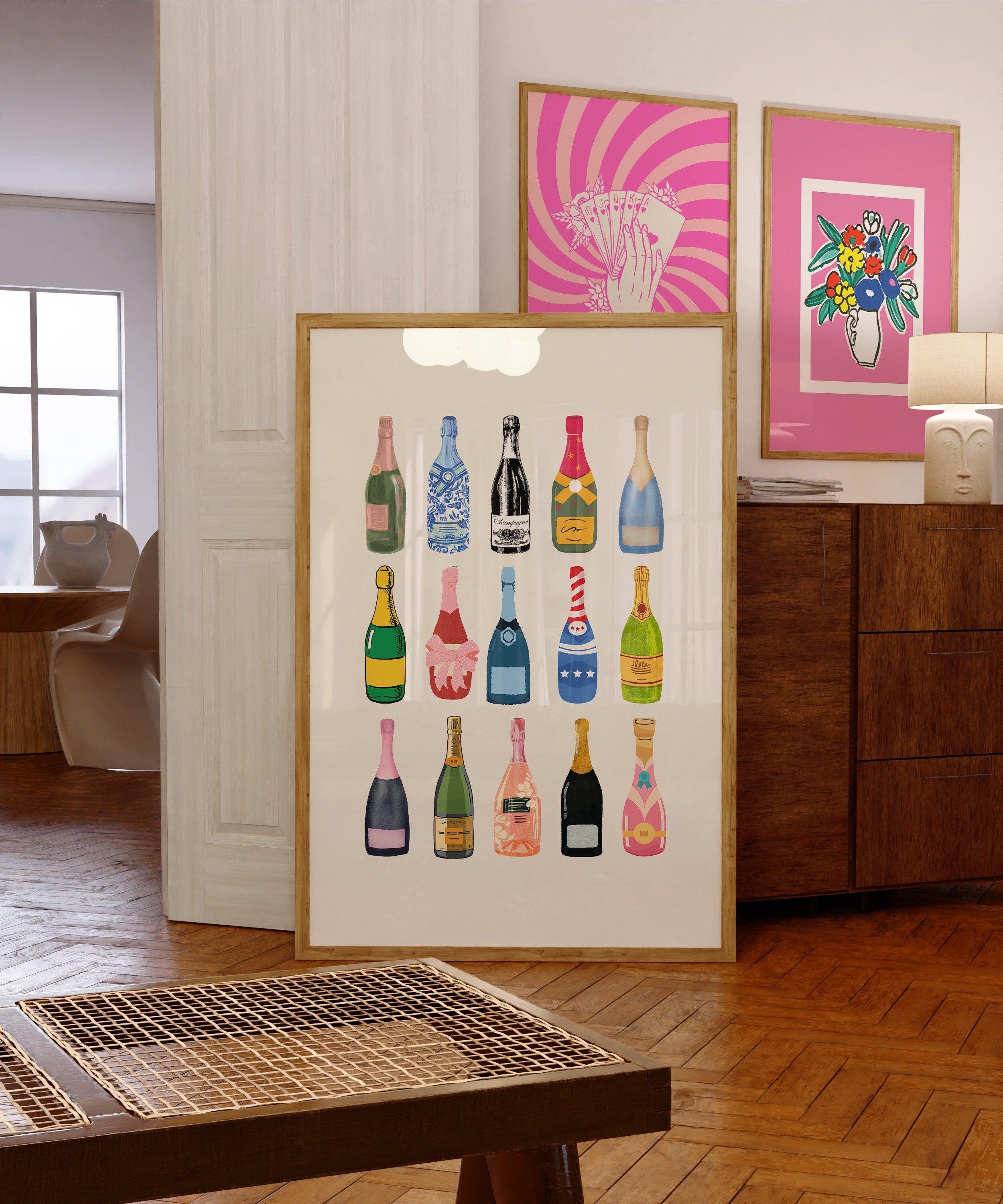 Retro Champagne Poster-Wall Print-Digital Download-Preppy Pink Prints-Barbie Doll Art-Vintage Doll Art-Y2K Aesthetic-Girly Bar Cart Art