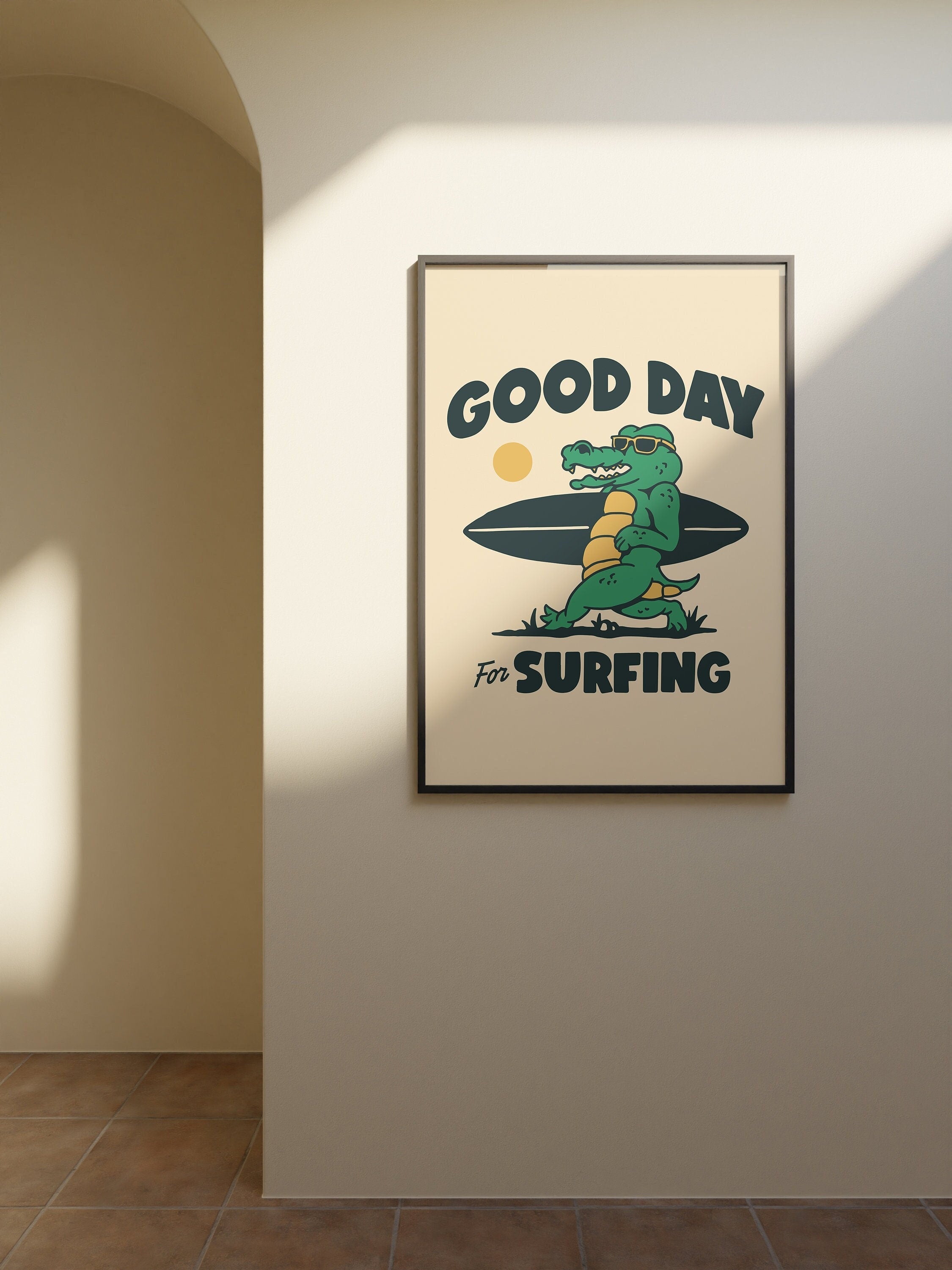 Alligator Art, Surfing Poster, Cartoon Surf Art, Surf Room Decor, Retro Beach Print, Digital Download, Surfing Prints, Alligator Poster