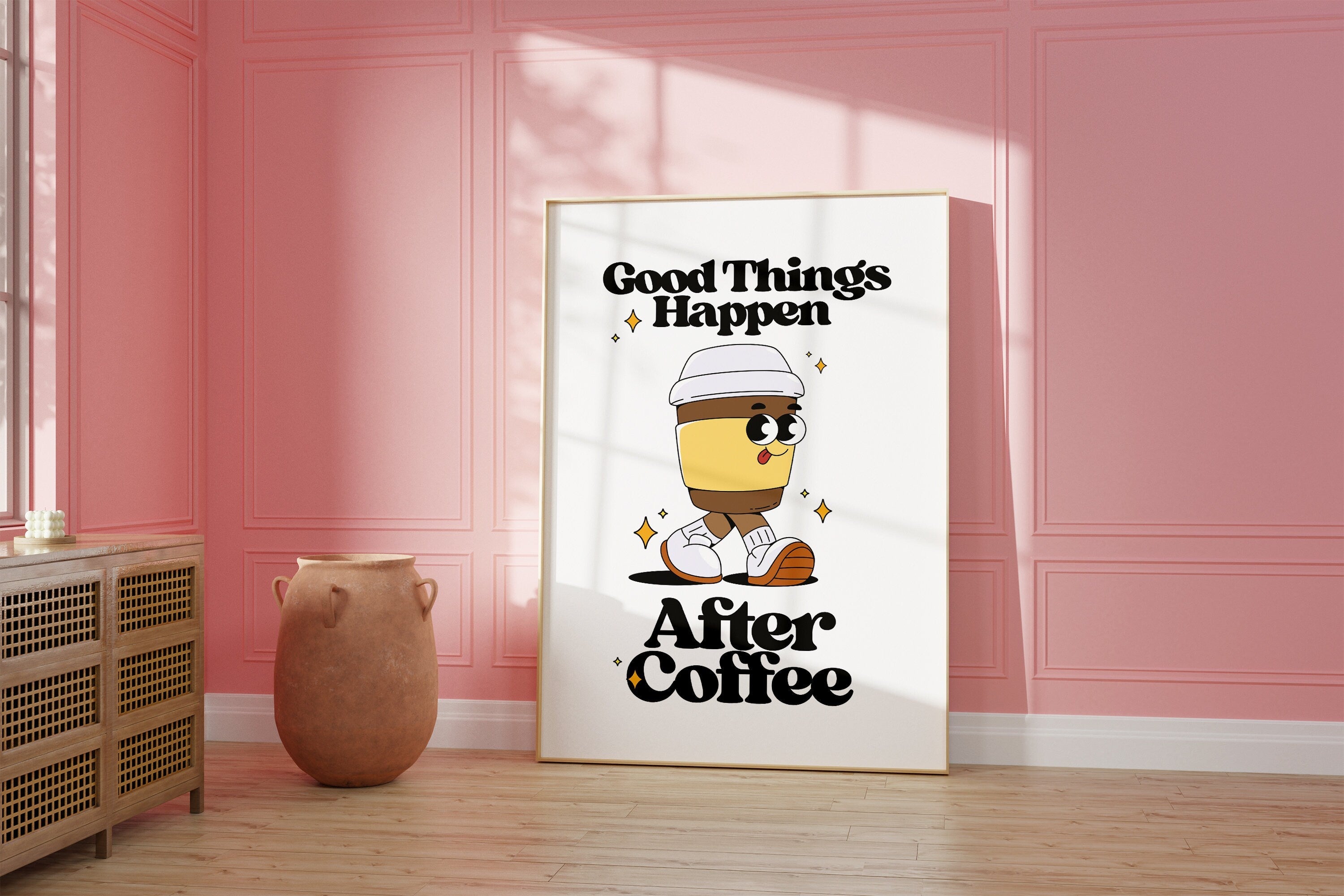Good things happen after coffee-Digital Prints-Retro Art Quote-Office A-Kitchen Art-Coffee Art Print-Coffee Cartoon Print-Retro Wall Art
