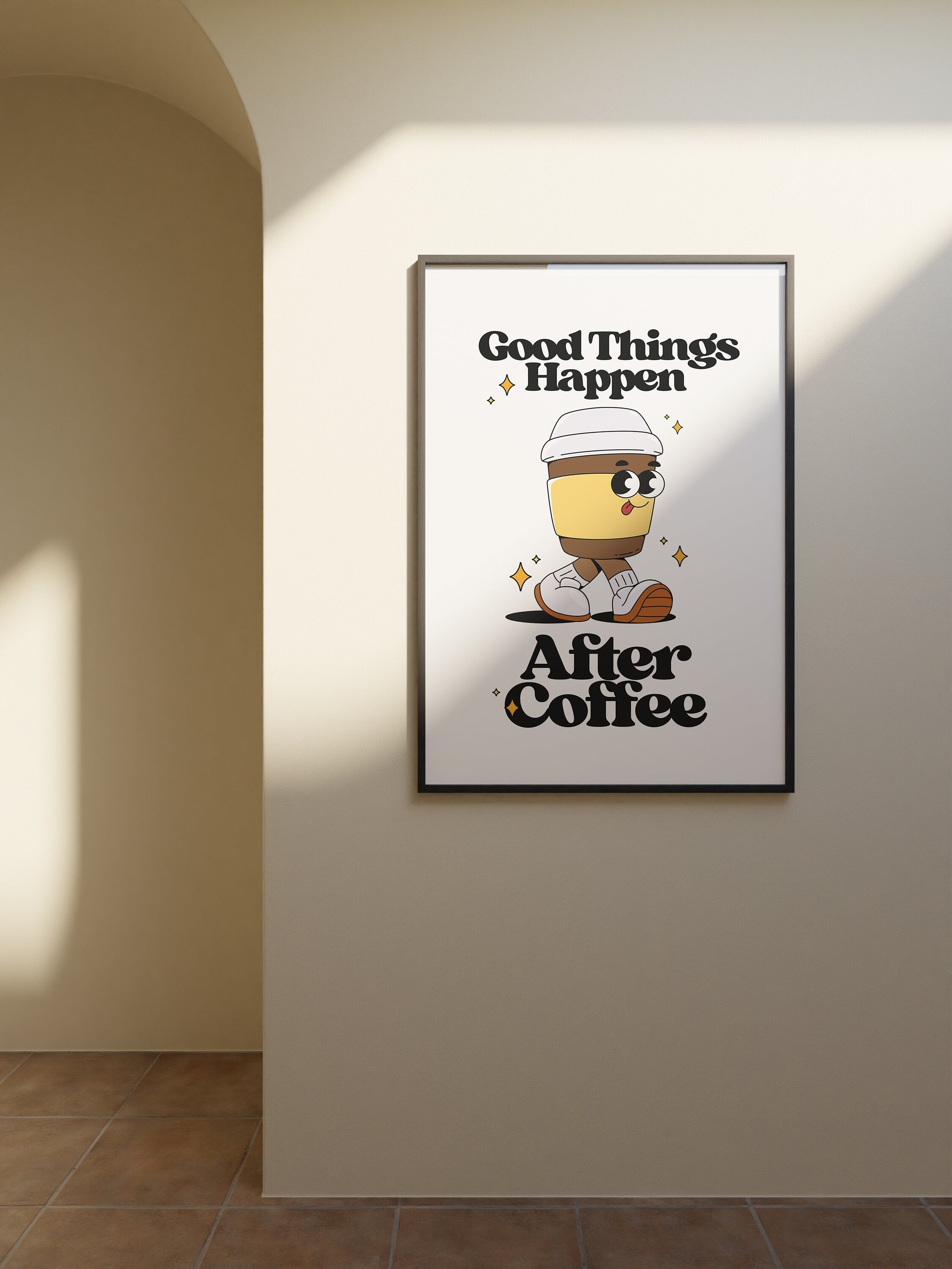 Good things happen after coffee-Digital Prints-Retro Art Quote-Office A-Kitchen Art-Coffee Art Print-Coffee Cartoon Print-Retro Wall Art