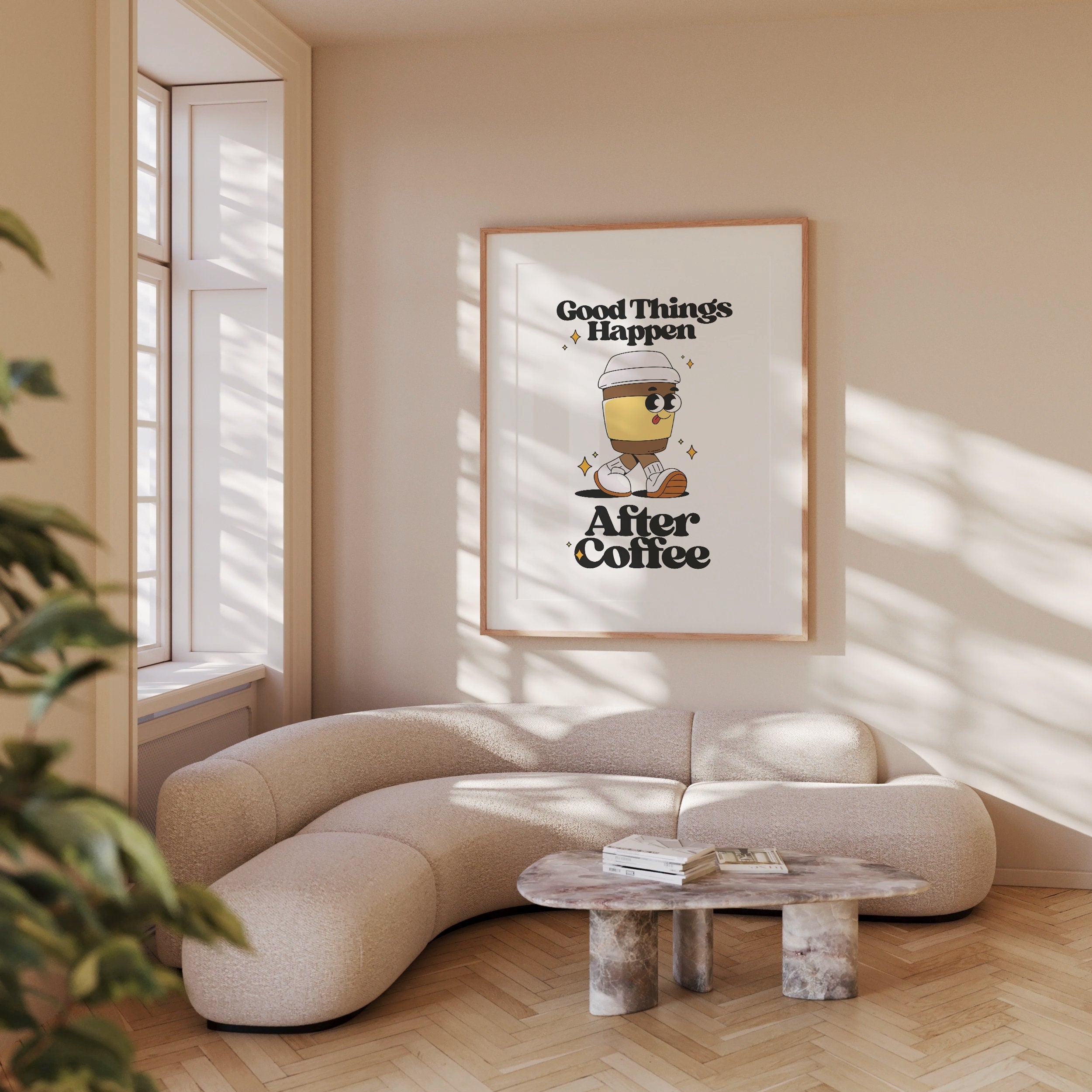 Good things happen after coffee-Digital Prints-Retro Art Quote-Office A-Kitchen Art-Coffee Art Print-Coffee Cartoon Print-Retro Wall Art