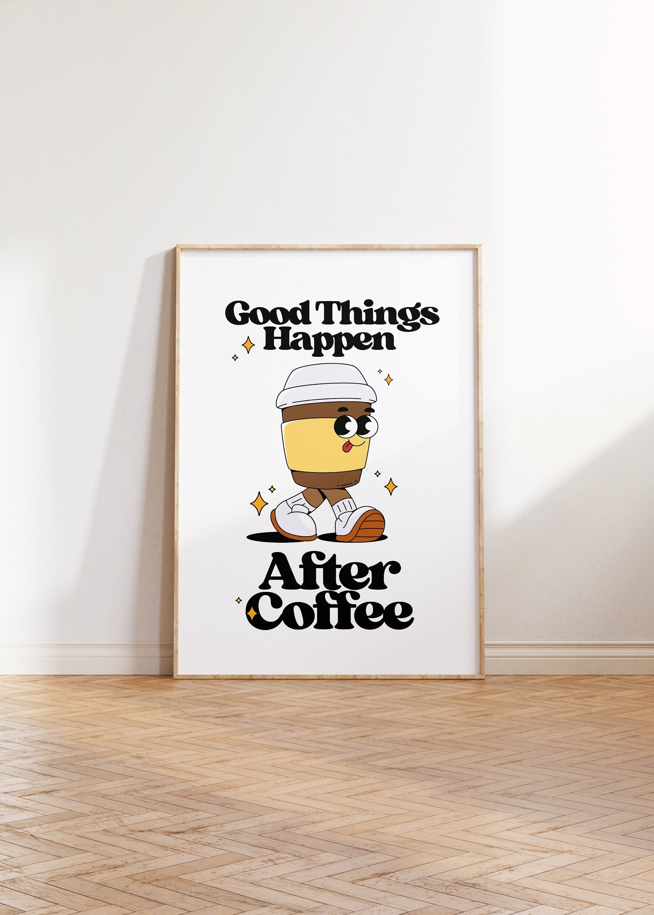 Good things happen after coffee-Digital Prints-Retro Art Quote-Office A-Kitchen Art-Coffee Art Print-Coffee Cartoon Print-Retro Wall Art