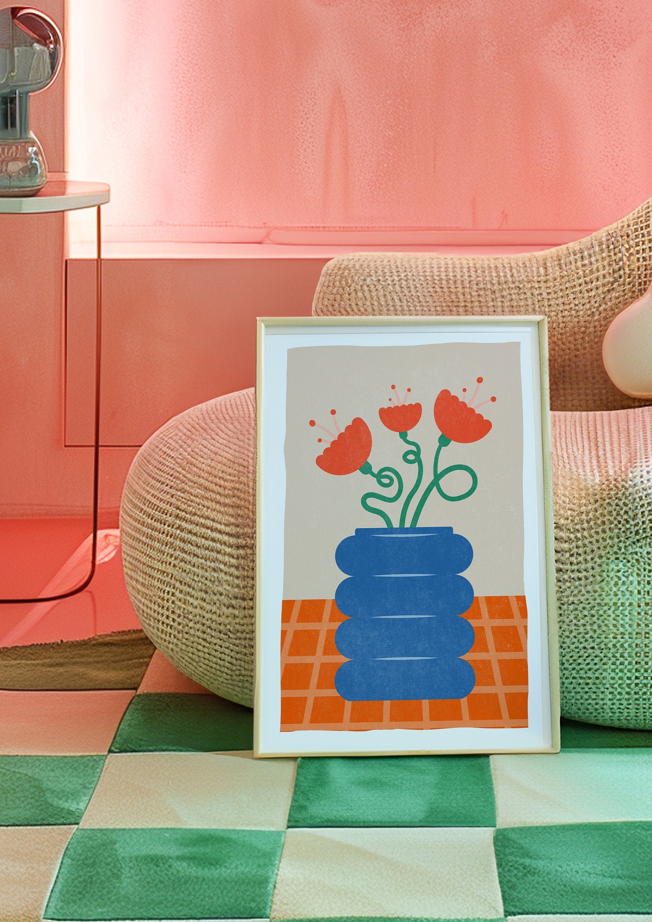 Floral Art, Oversized Art, Floral Art Print, Cute Wall Art, Girly Wall Art, Coquette Wall Art, Red Wall Print, Blue Poster, Blue Flower Art