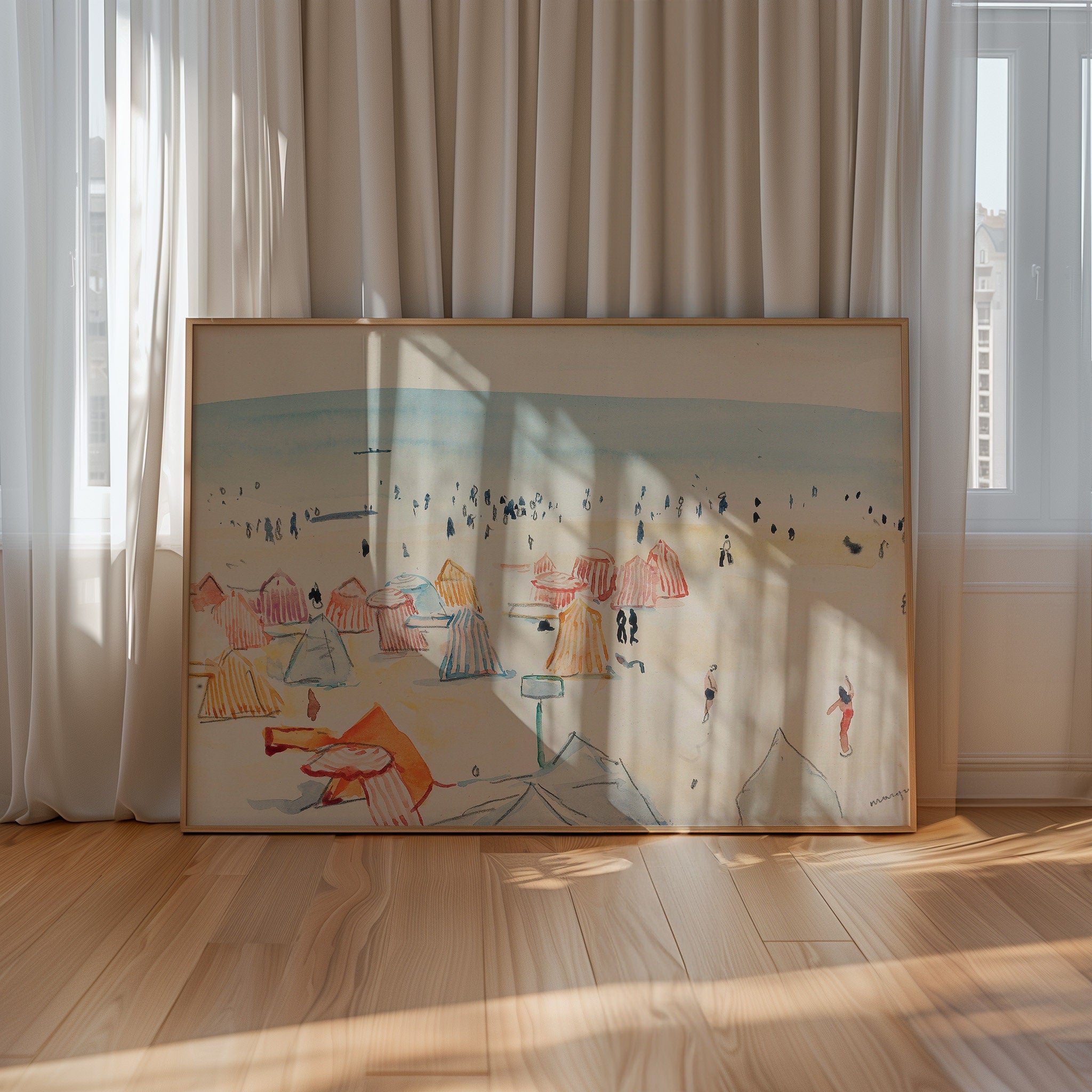Beach Painting, Classic Art Print, Multi Color Beach Seascape Painting, Beach Wall Art, Red and Blue Prints, Digital Download