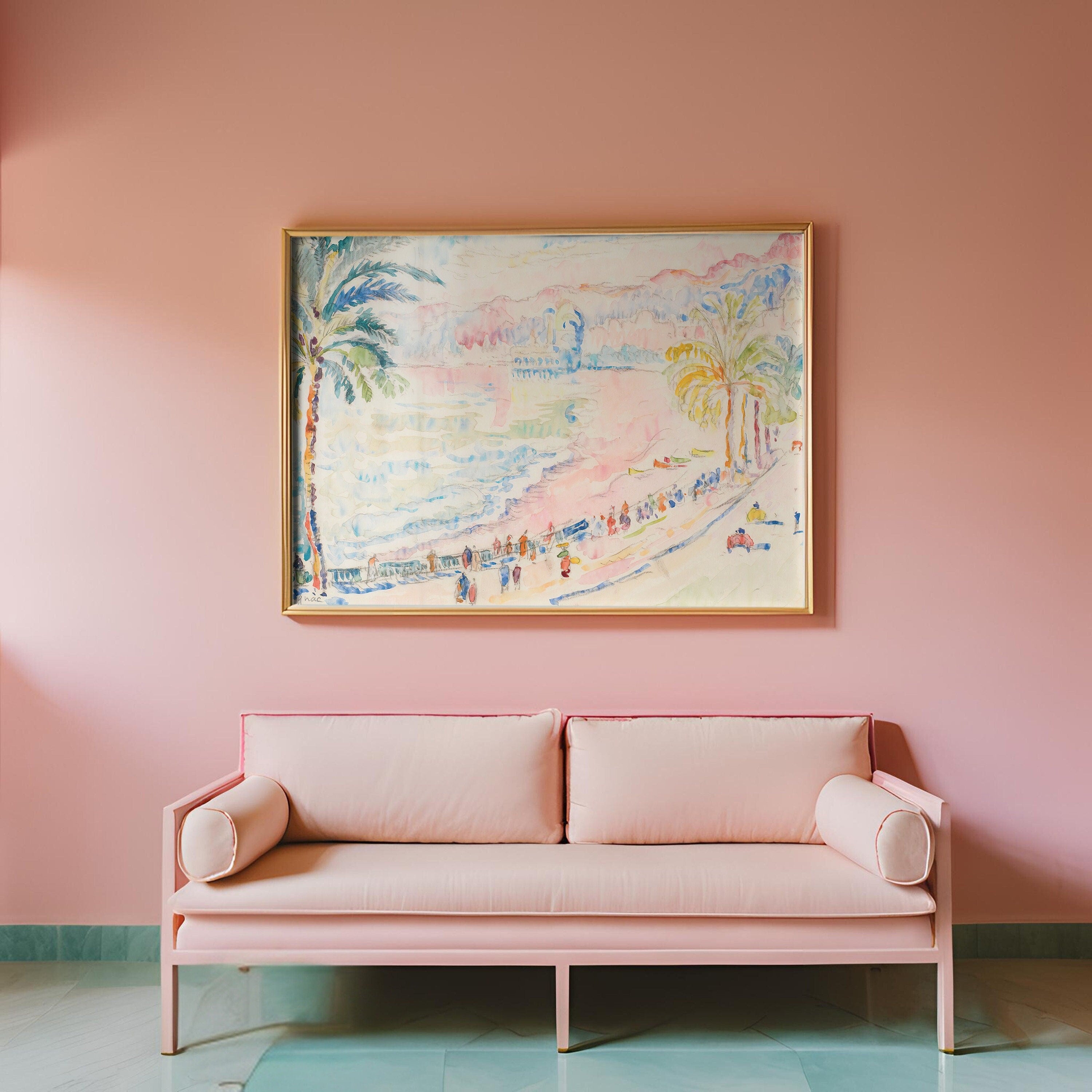 Beach Painting, Classic Art Print, Multi Color Beach Seascape Painting, Beach Wall Art, Pink and Yellow Prints, Digital Download