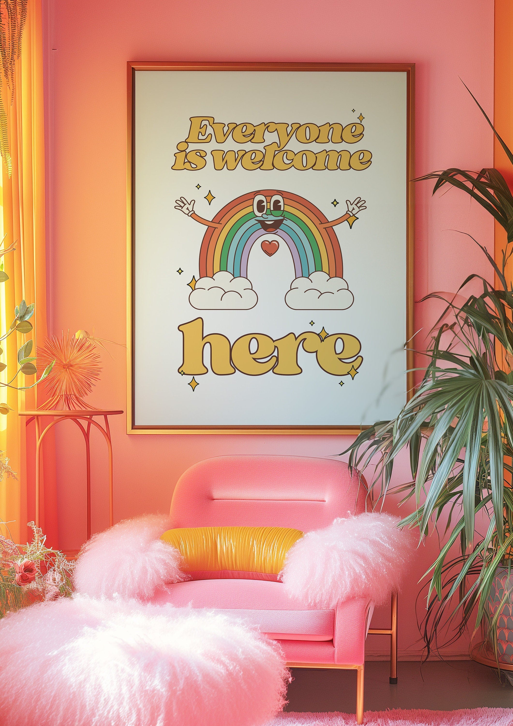 Everyone Is Welcome Here Rainbow White Digital Art Print