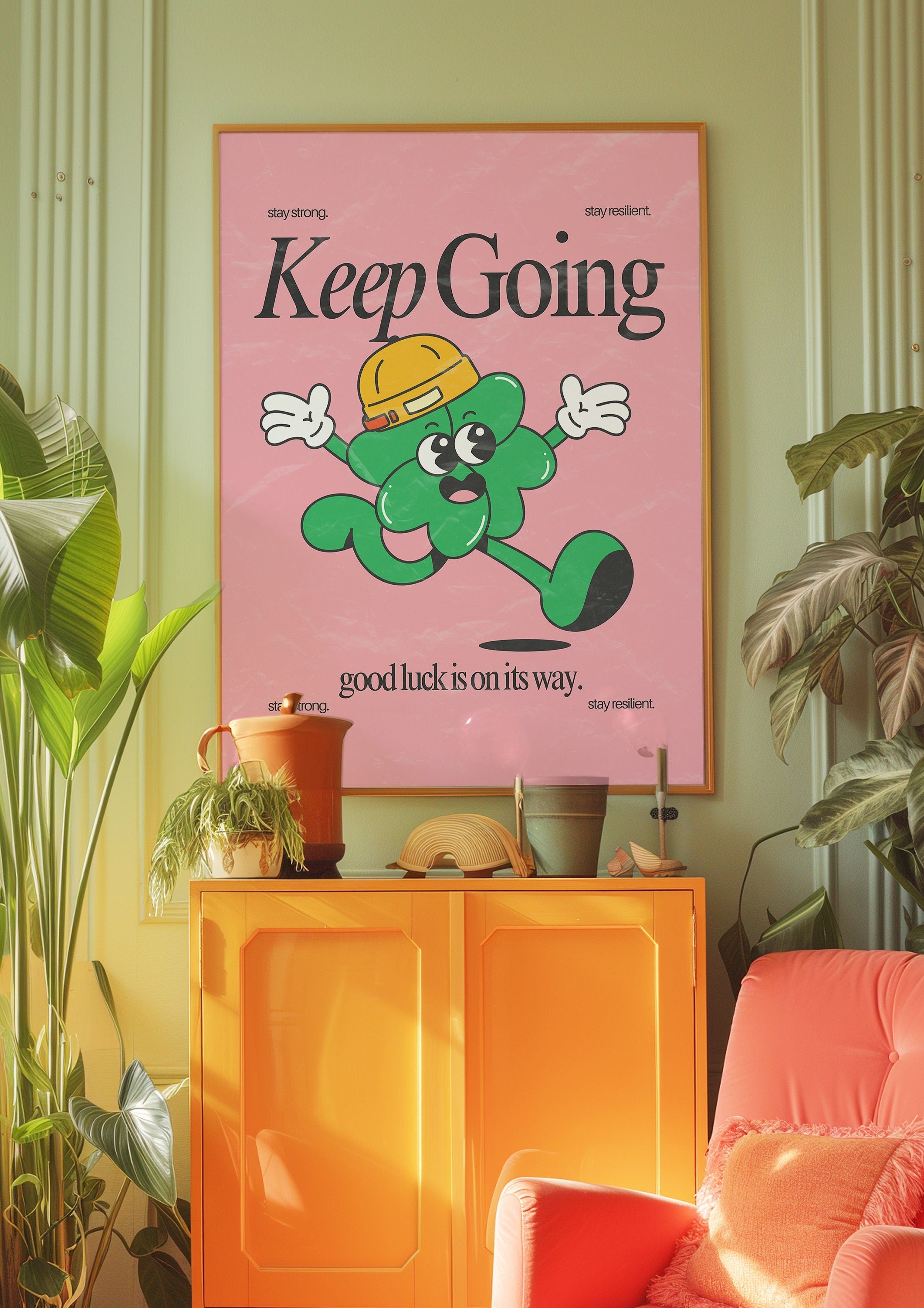 Keep Going Art, Classroom Art, Cute Retro Print, Clover Cartoon, Retro Mascot Print, Funky Groovy Minimal Retro Poster, GS print Shoppe
