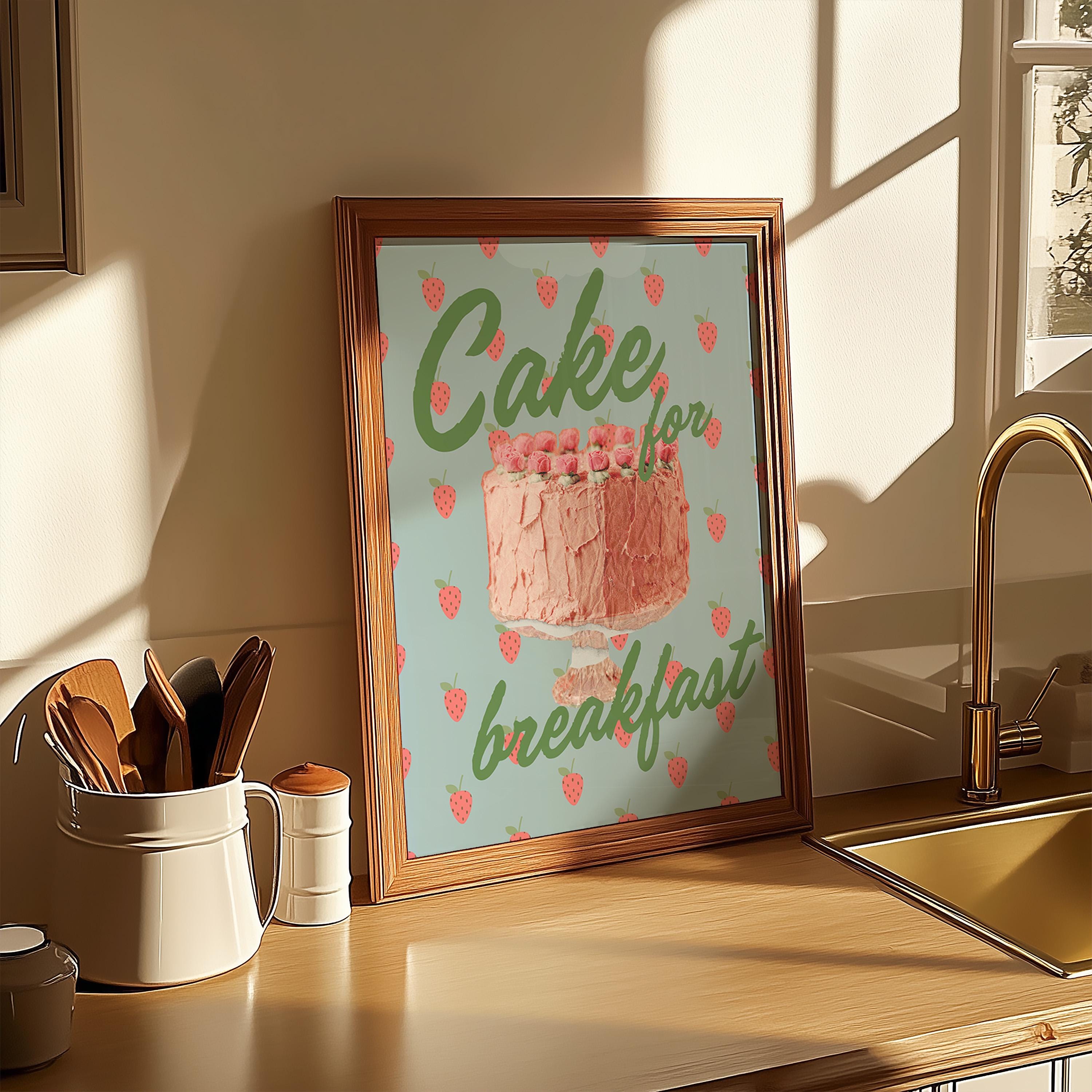 Cake Art, Cute Cate Poster, Coquette Cake Art, Cake Posters, Pink Kitchen Wall Decor, Pink Cake Art, Retro Cake Print, Cake for Breakfast