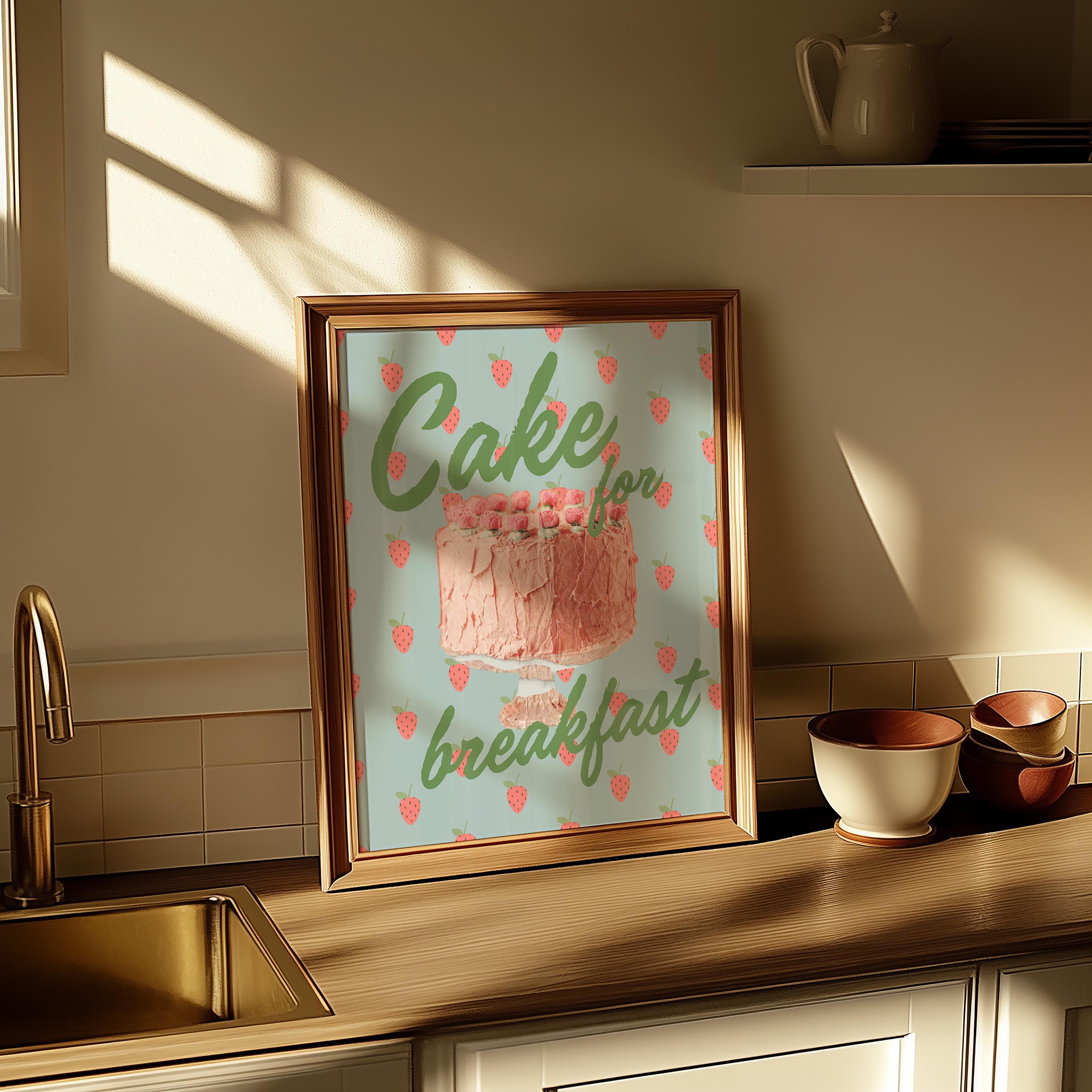 Cake Art, Cute Cate Poster, Coquette Cake Art, Cake Posters, Pink Kitchen Wall Decor, Pink Cake Art, Retro Cake Print, Cake for Breakfast