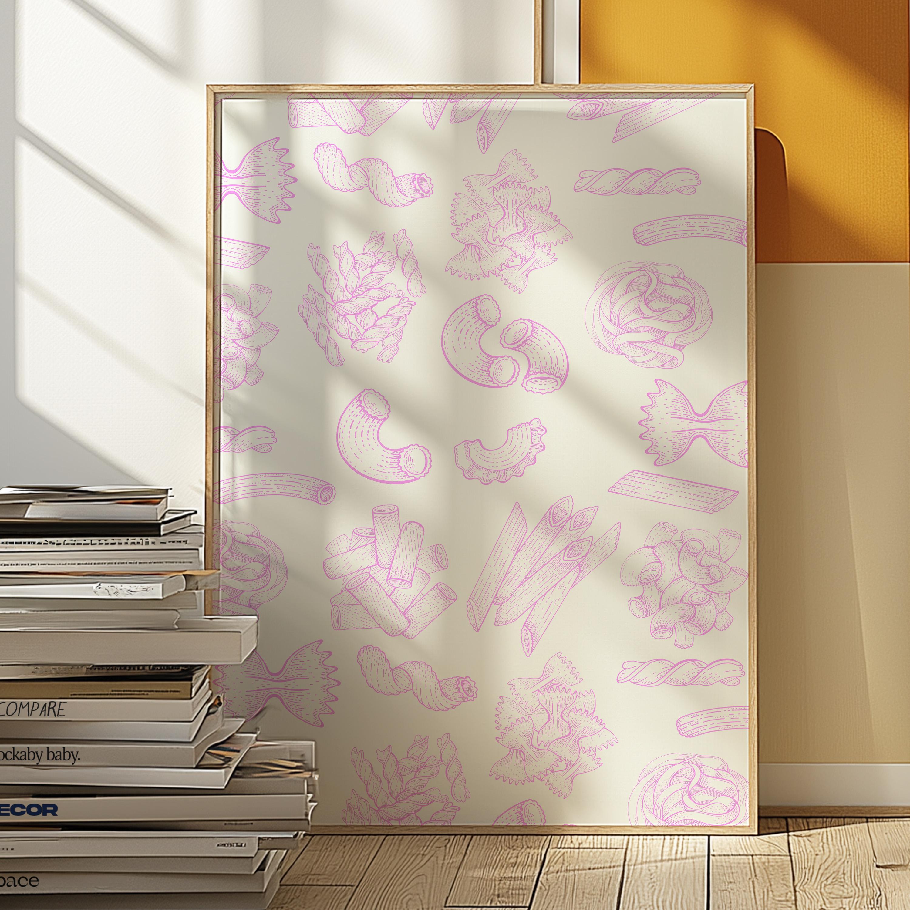 Pasta Art Print, Digital Download, Wall Art Print,Digital Food Art Print,Trendy Wall Art Print,Kitchen Wall Art Print, Pink Kitchen Decor