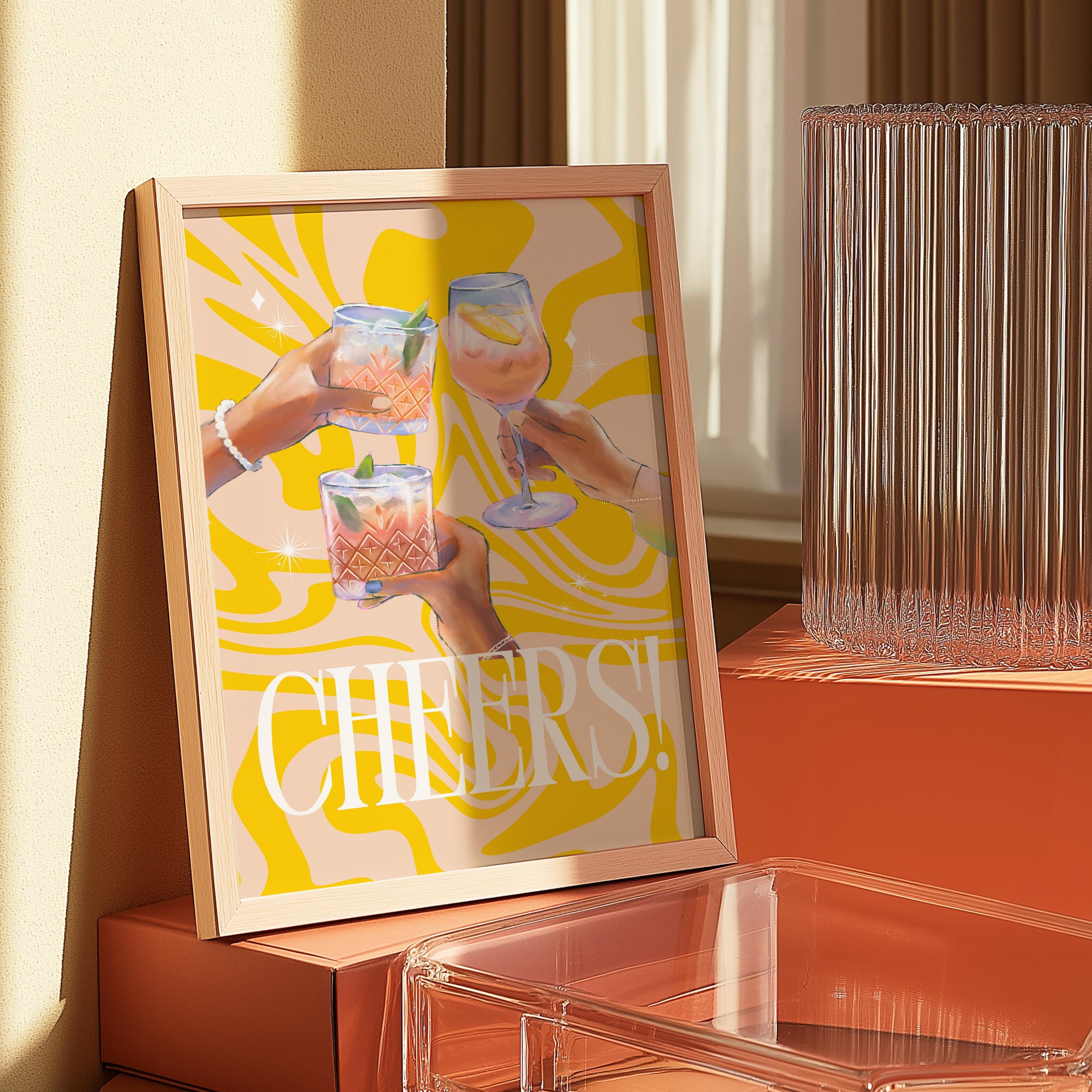 Cheers Art Prints, Martini Art, Retro Cocktail Print, Groovy Bar Cart, Maximalist Art, Yellow Digital Print, Bar Cart Decor, GS print shoppe