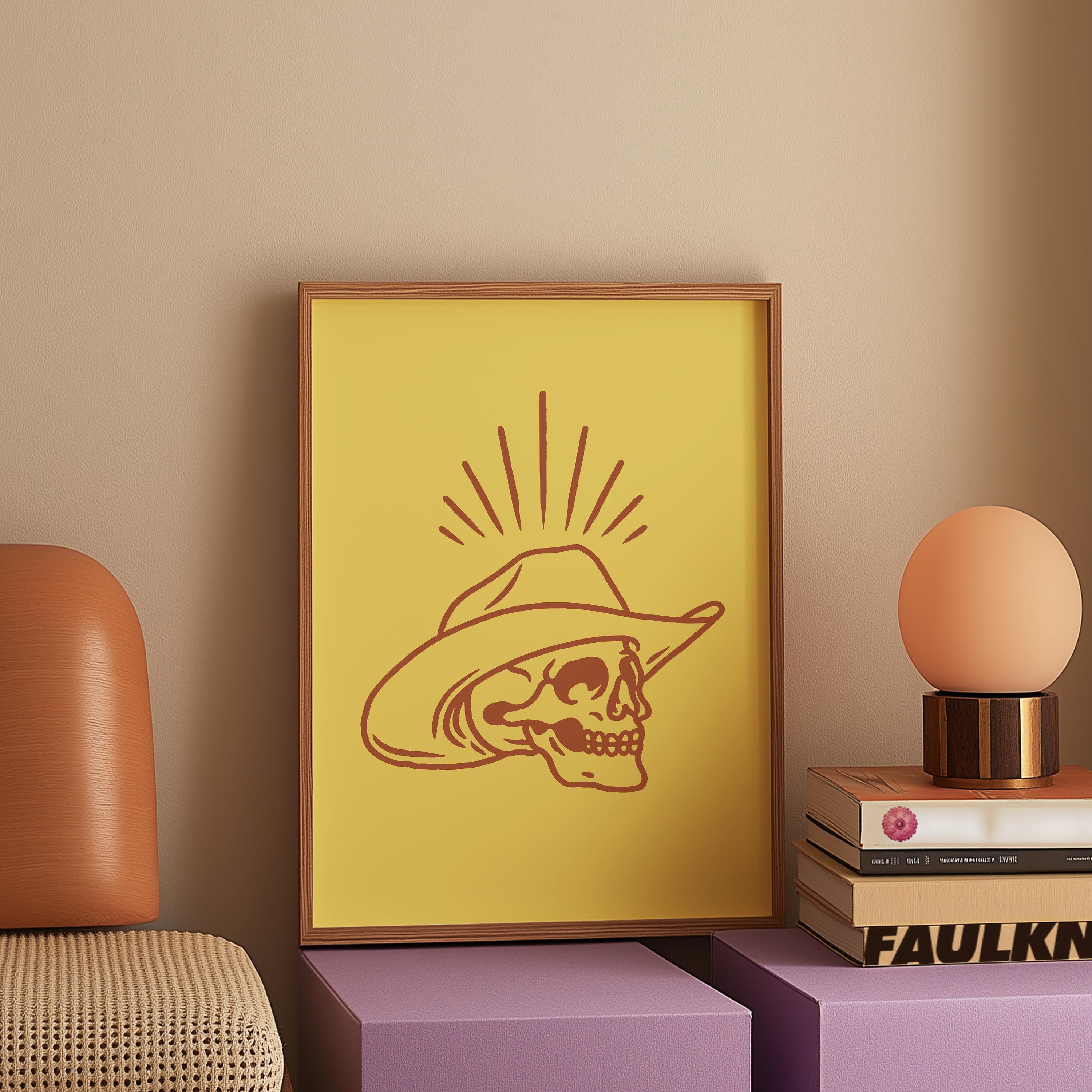 Yellow Cowboy Art, Retro Cowboy Art, Giddy Up Art Print, Skull Cowboy Poster, Yellow Art Print, Large Western Wall Art, GS Print Shoppe