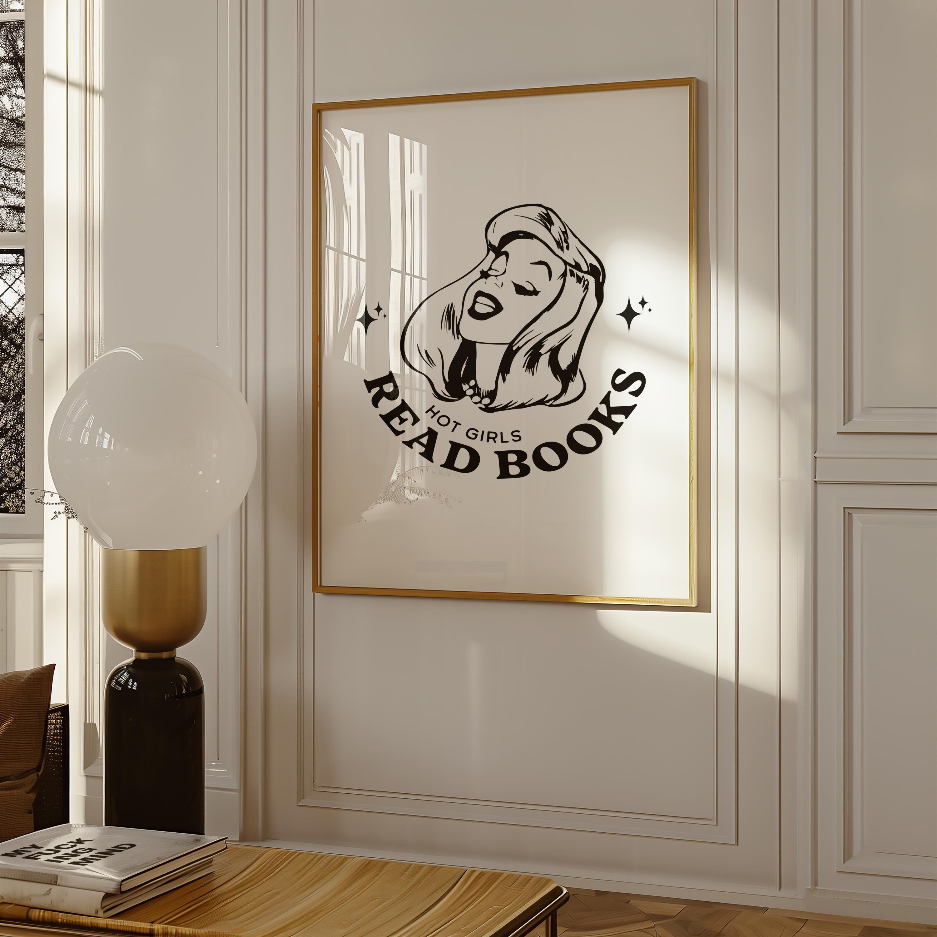 Hot Girls Read-Large Wall Art-White Wall Print-Retro Cartoon Art-Downloadable Print-Reading Art Prints-Living Room Decor-Funny Wall Art