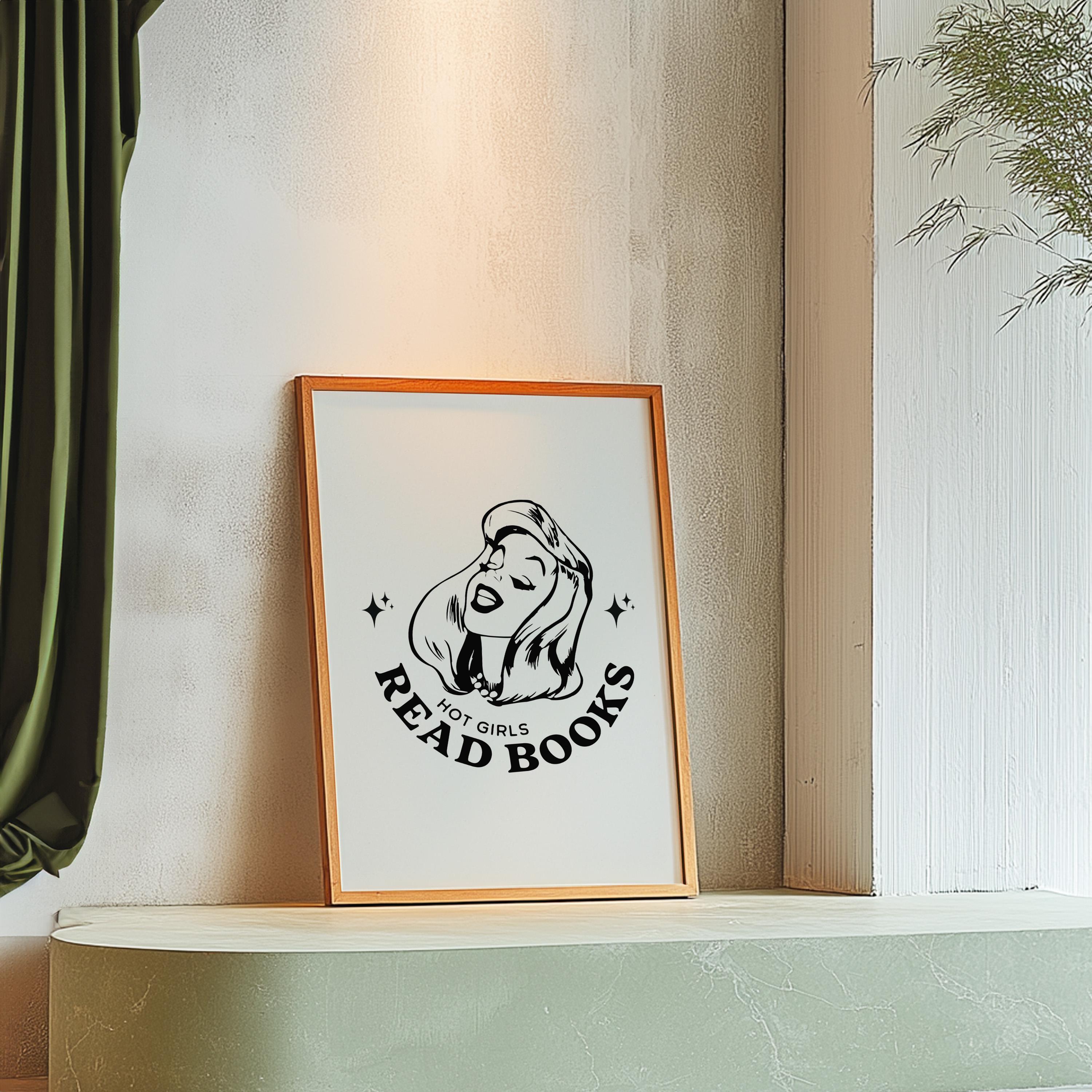 Hot Girls Read-Large Wall Art-White Wall Print-Retro Cartoon Art-Downloadable Print-Reading Art Prints-Living Room Decor-Funny Wall Art