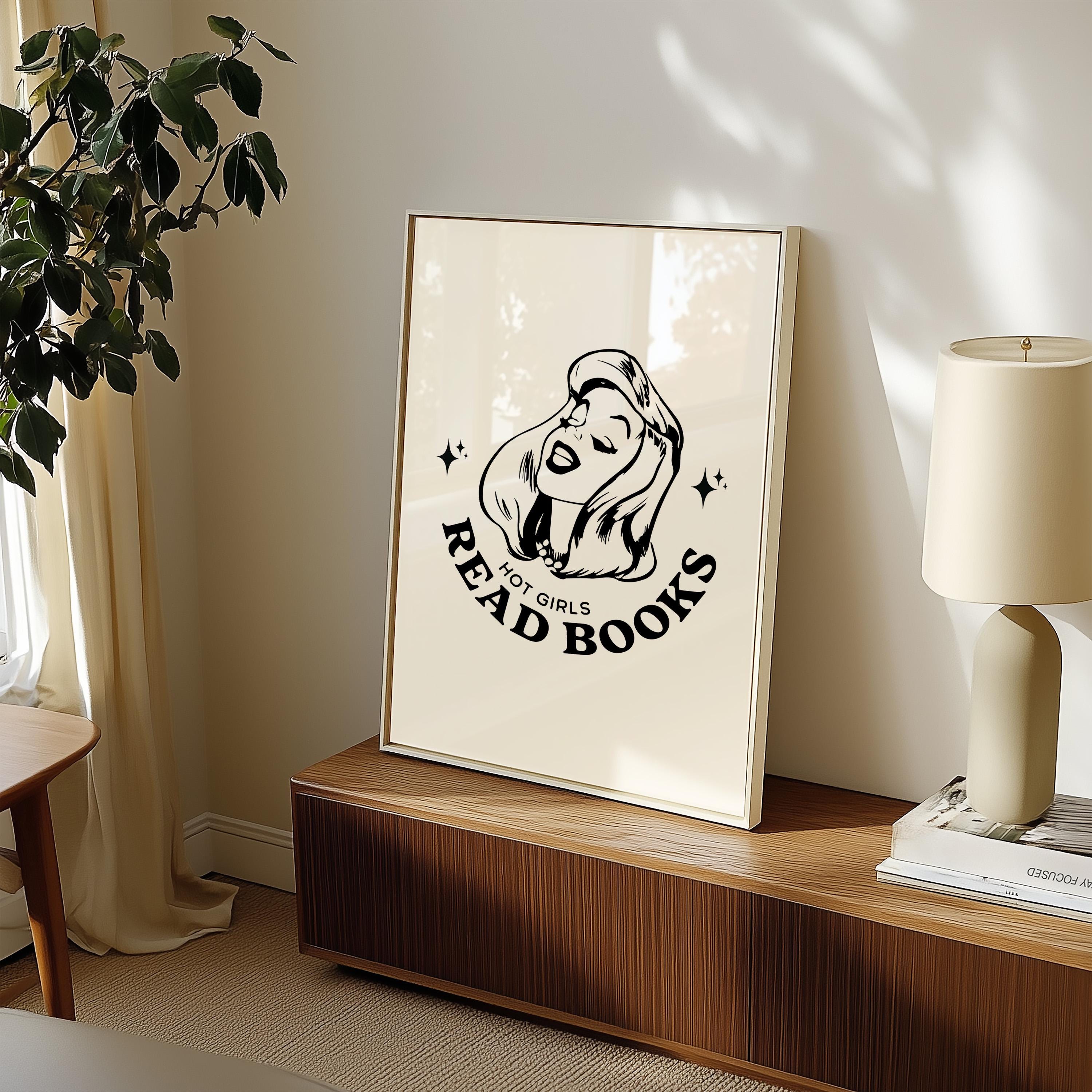 Hot Girls Read-Large Wall Art-White Wall Print-Retro Cartoon Art-Downloadable Print-Reading Art Prints-Living Room Decor-Funny Wall Art