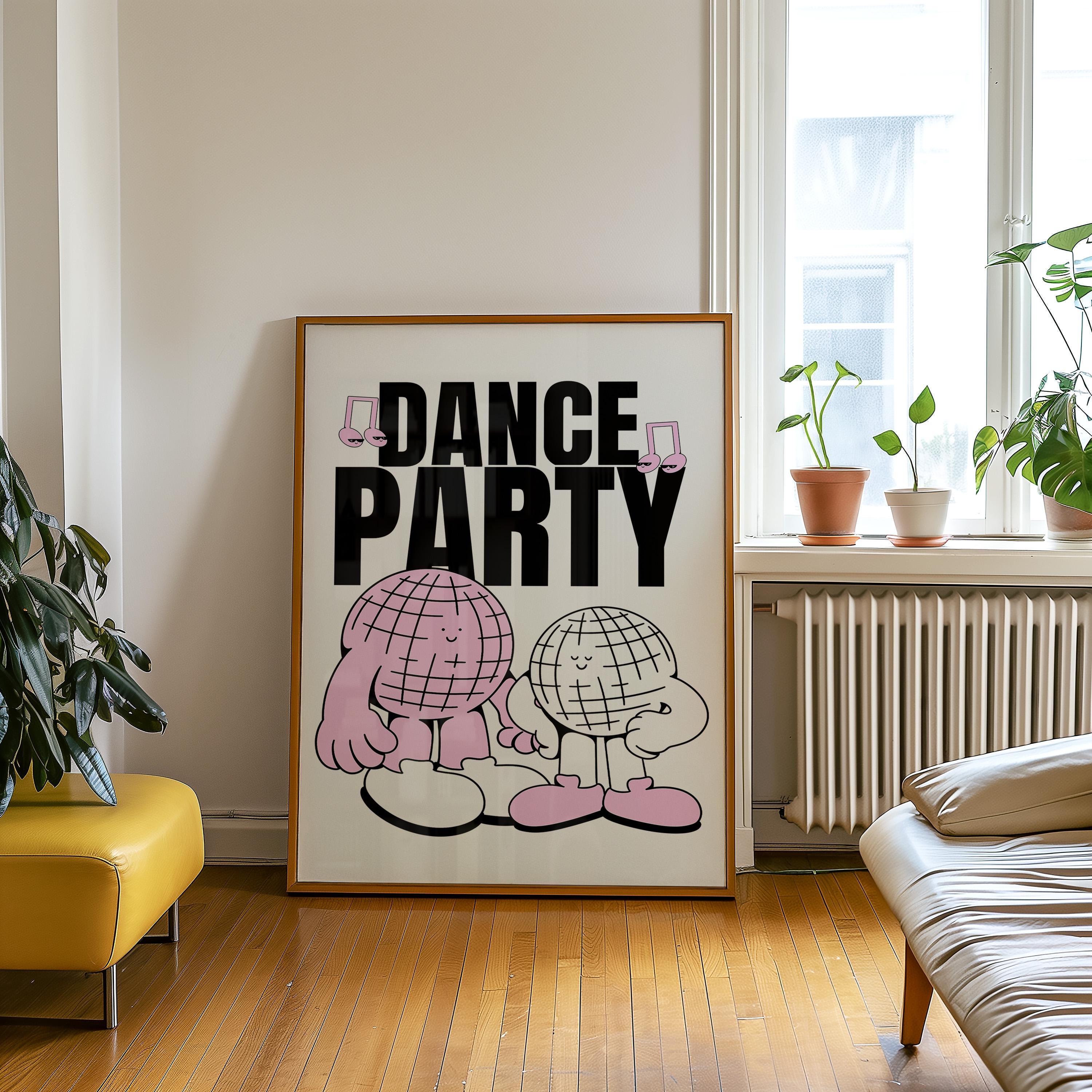 Dance Party Art-Digital Prints-Retro Art Quote-Drink Art-Kitchen Art Print-Kitchen Art-Disco Ball Art Print-Mirrorball Cartoon Print