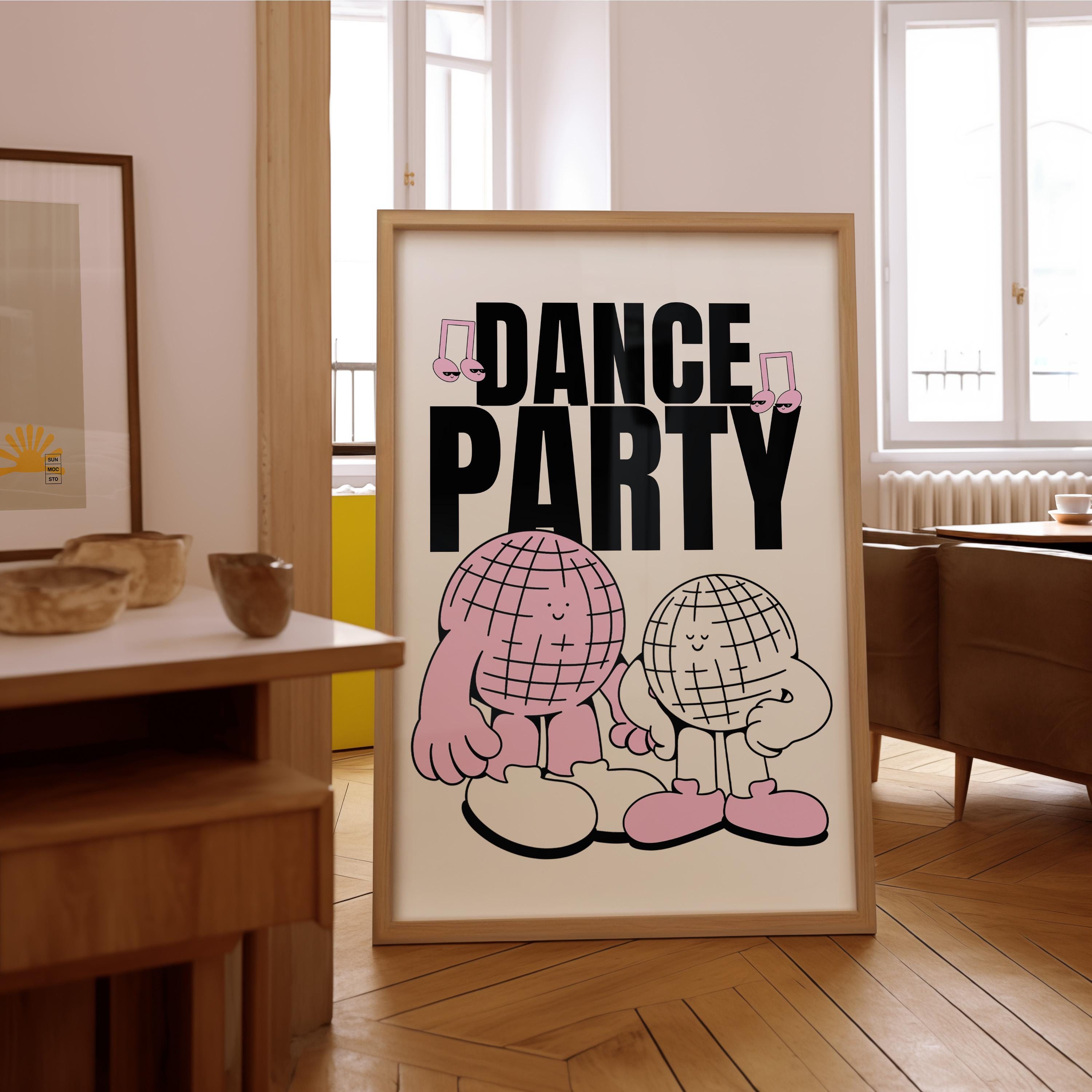 Dance Party Art-Digital Prints-Retro Art Quote-Drink Art-Kitchen Art Print-Kitchen Art-Disco Ball Art Print-Mirrorball Cartoon Print