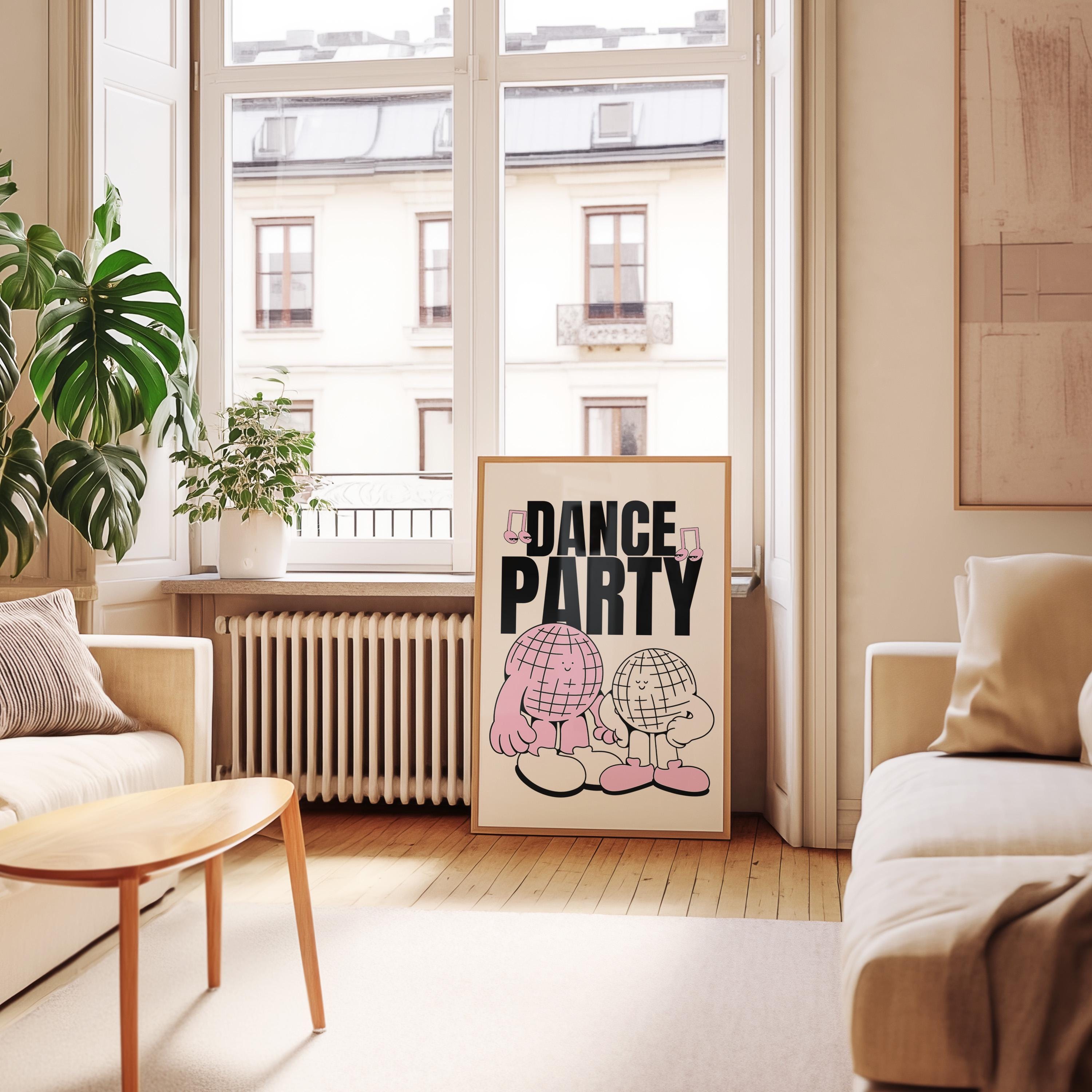 Dance Party Art-Digital Prints-Retro Art Quote-Drink Art-Kitchen Art Print-Kitchen Art-Disco Ball Art Print-Mirrorball Cartoon Print