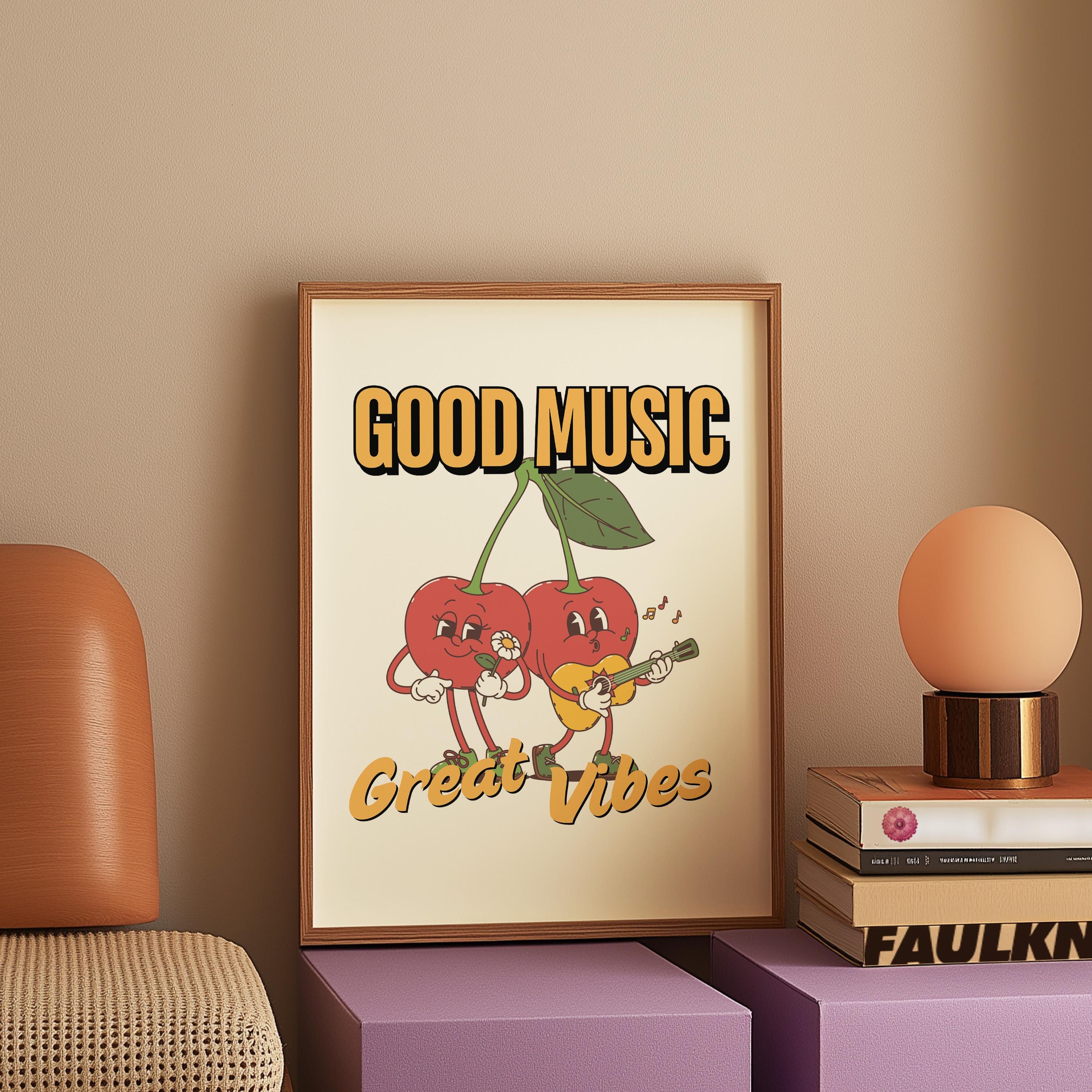 Music Art, Classroom Art, Cute Retro Print, Cherry Cartoon, Retro Mascot Print, Funky Groovy Minimal Retro Poster, gs print shoppe