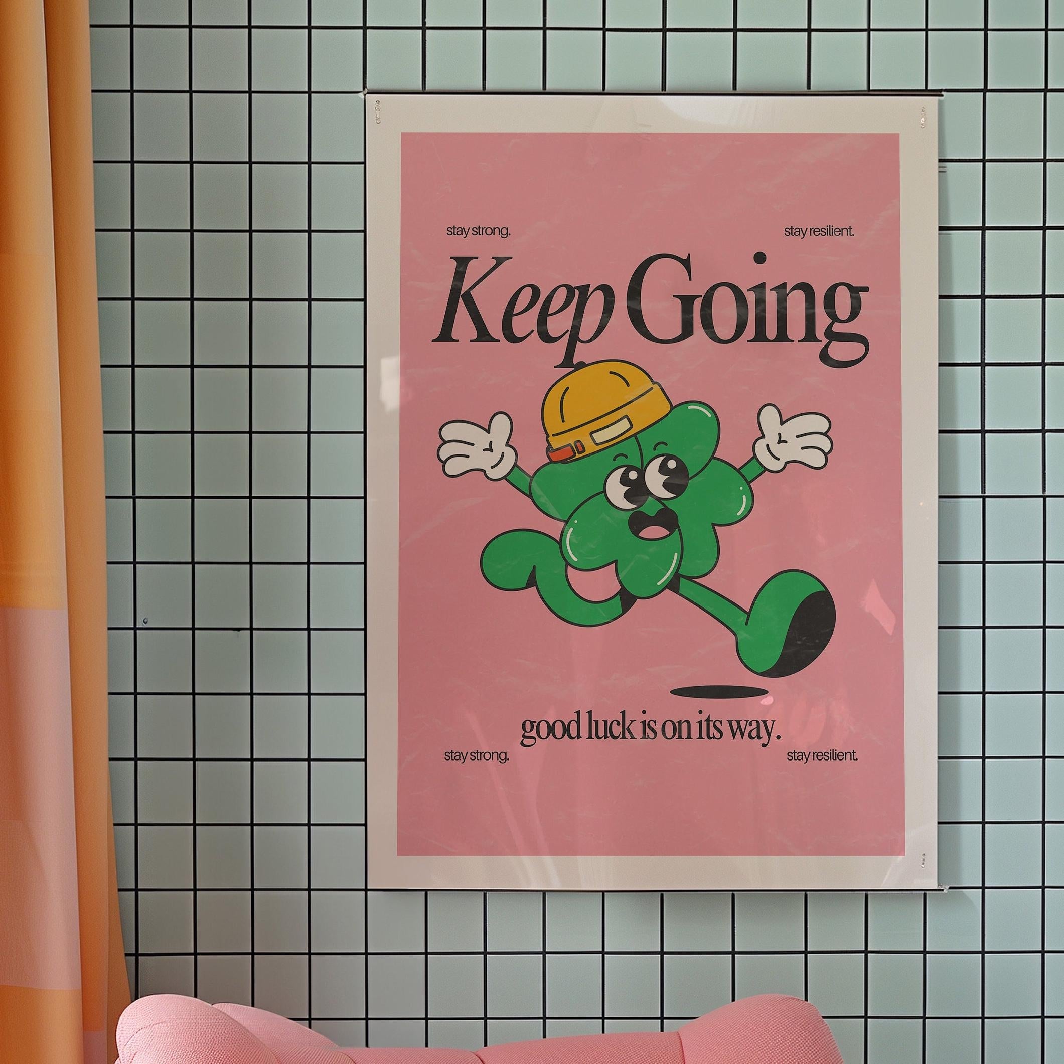 Keep Going Art, Classroom Art, Cute Retro Print, Clover Cartoon, Retro Mascot Print, Funky Groovy Minimal Retro Poster, GS print Shoppe