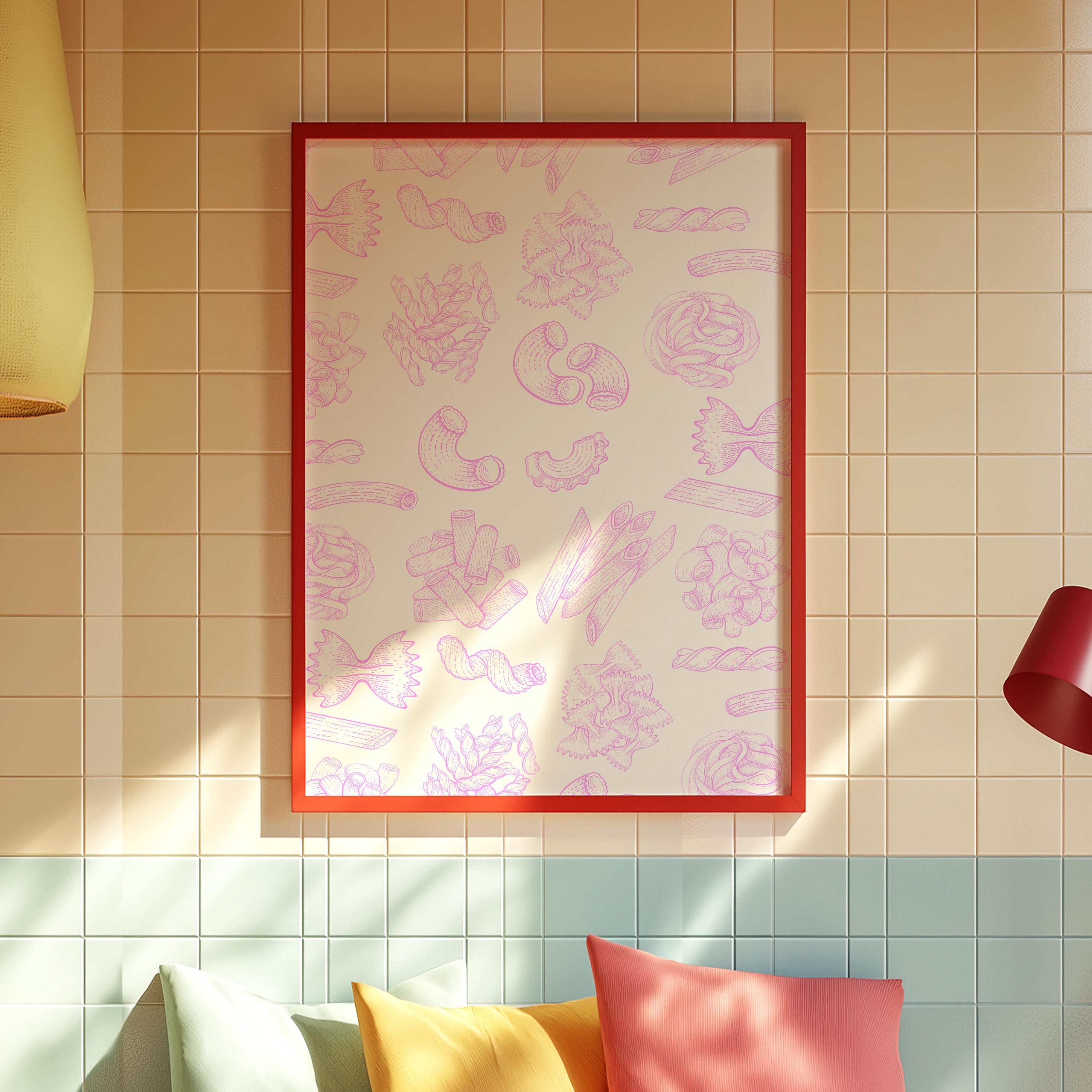 Pasta Art Print, Digital Download, Wall Art Print,Digital Food Art Print,Trendy Wall Art Print,Kitchen Wall Art Print, Pink Kitchen Decor