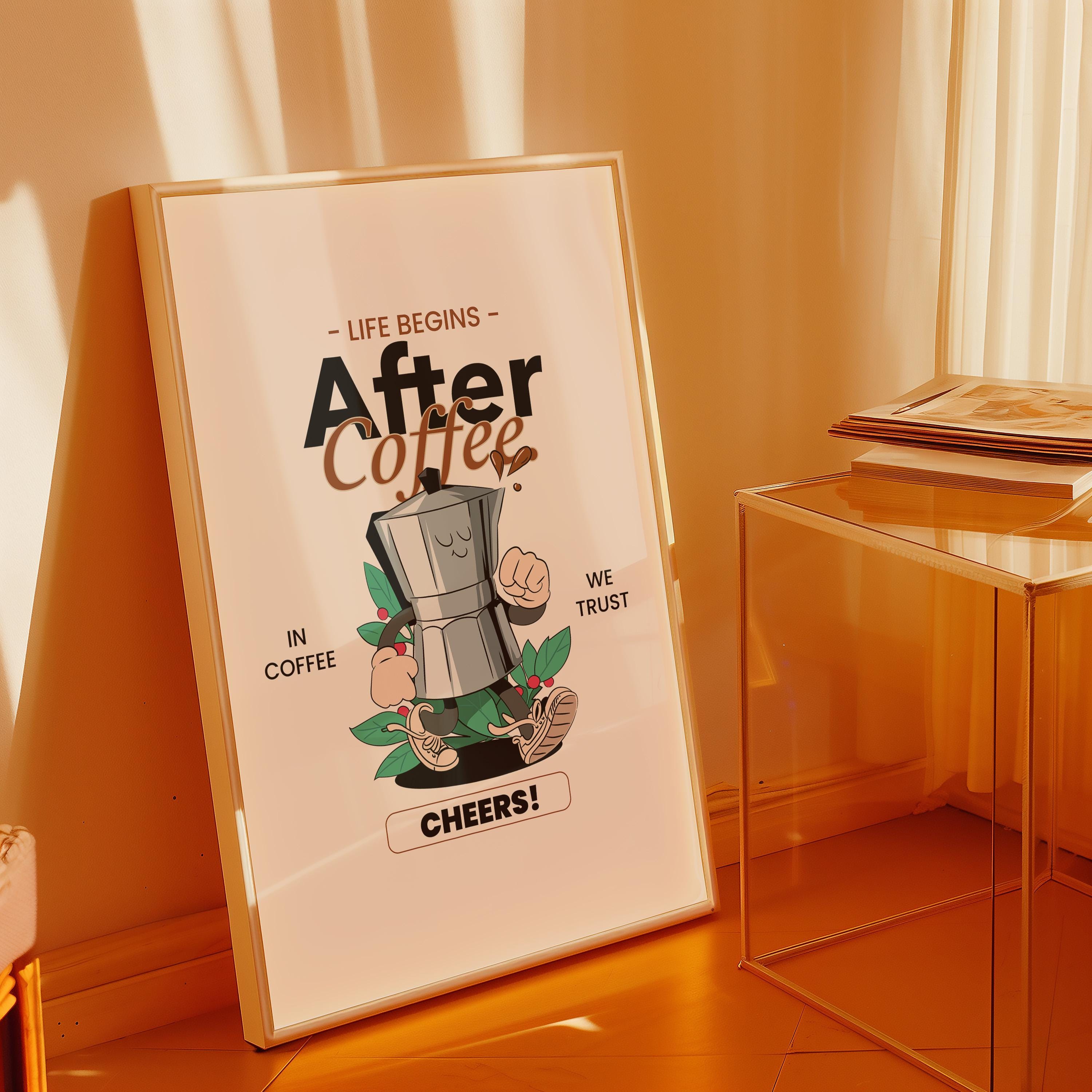 Coffee Art Print, Kitchen Poster, Cute Coffee Art, Coffee Cartoon, Coffee Cartoon Art, Retro Wall Art, Coffee Bar Art, Office Wall Art Print