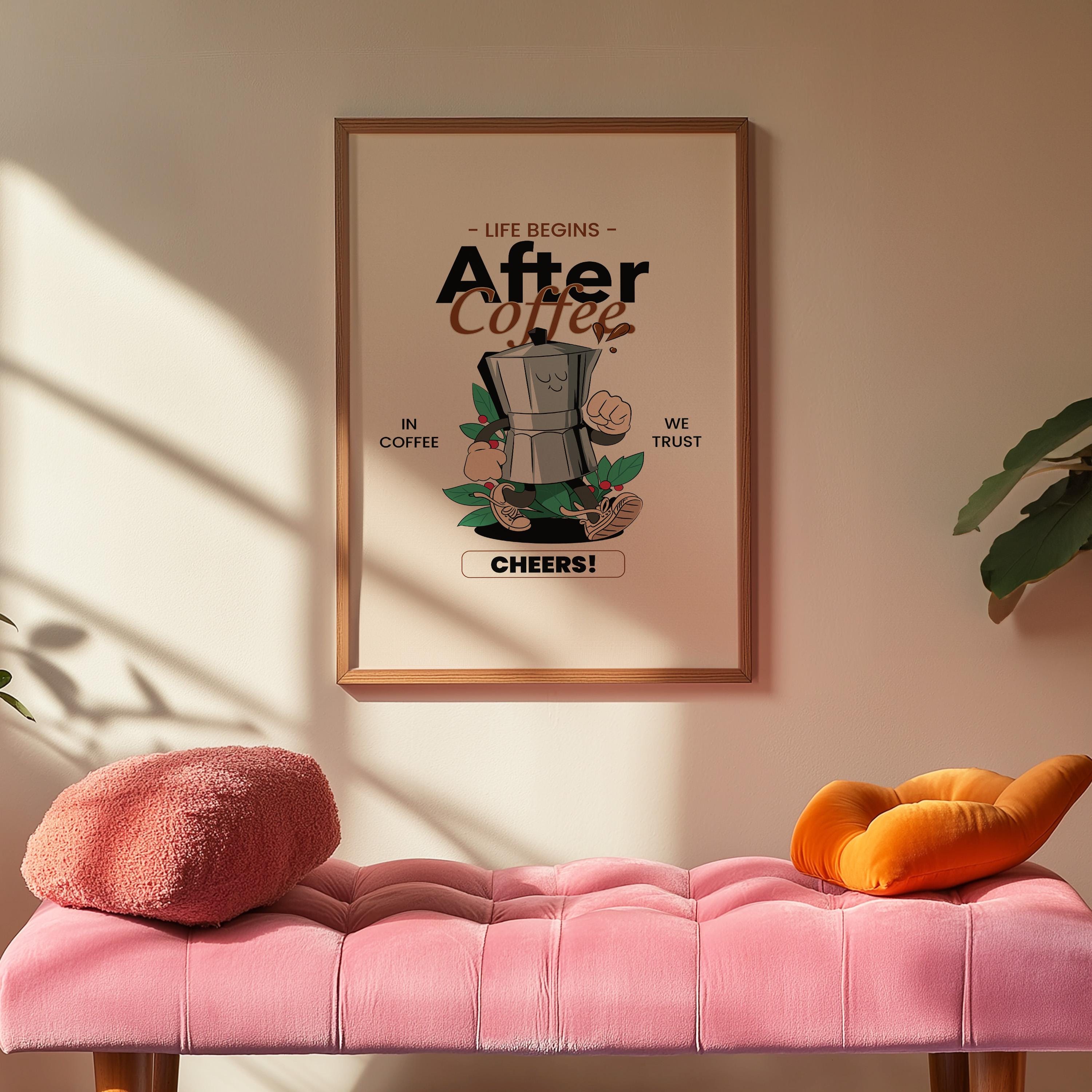 Coffee Art Print, Kitchen Poster, Cute Coffee Art, Coffee Cartoon, Coffee Cartoon Art, Retro Wall Art, Coffee Bar Art, Office Wall Art Print