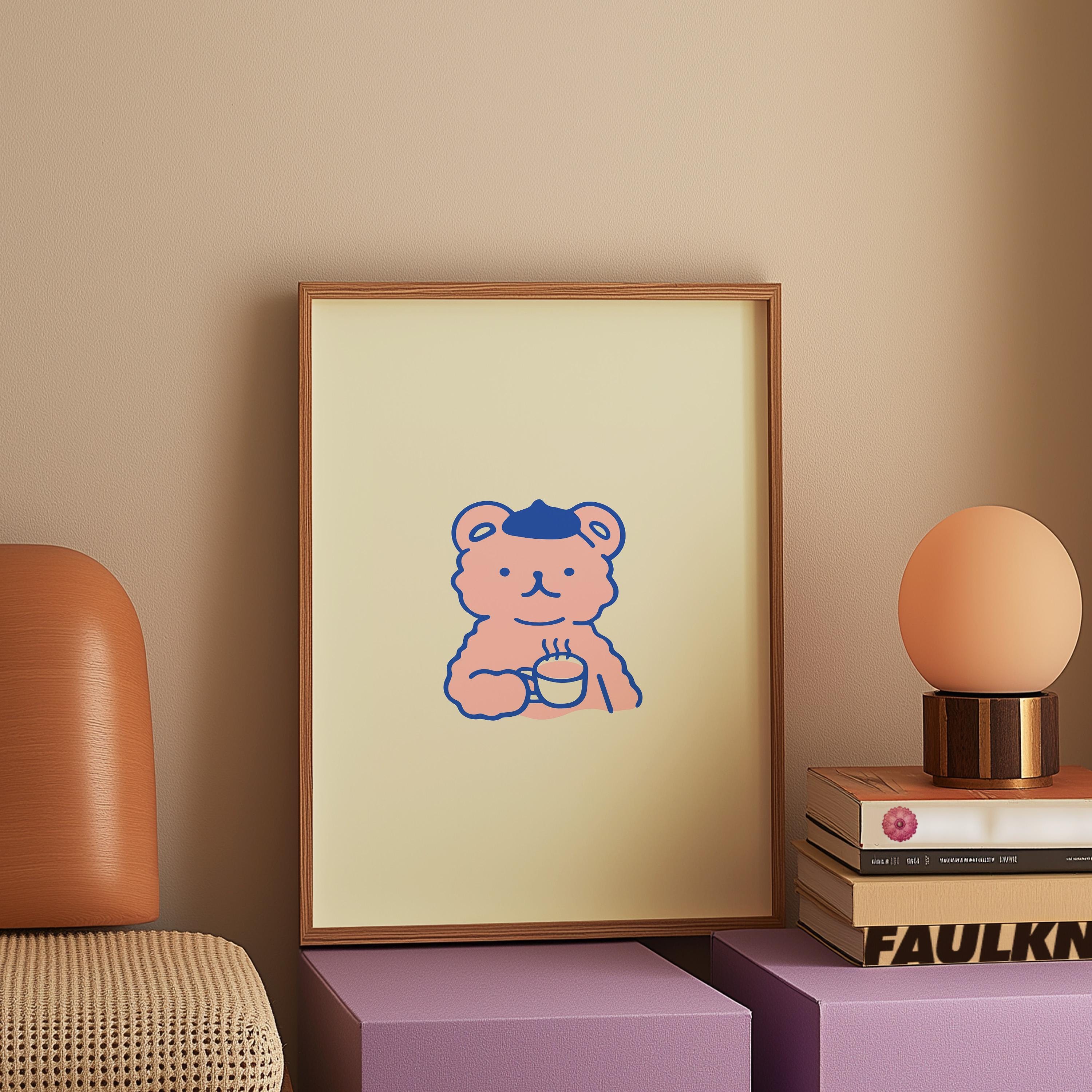 Bear Cartoon Art-Digital Prints-Cute Animal Art-Drink Art-Pink Kitchen Art-Retro Kitchen-Coffee Prints-Funny Animal Art-Beige and Pink Art