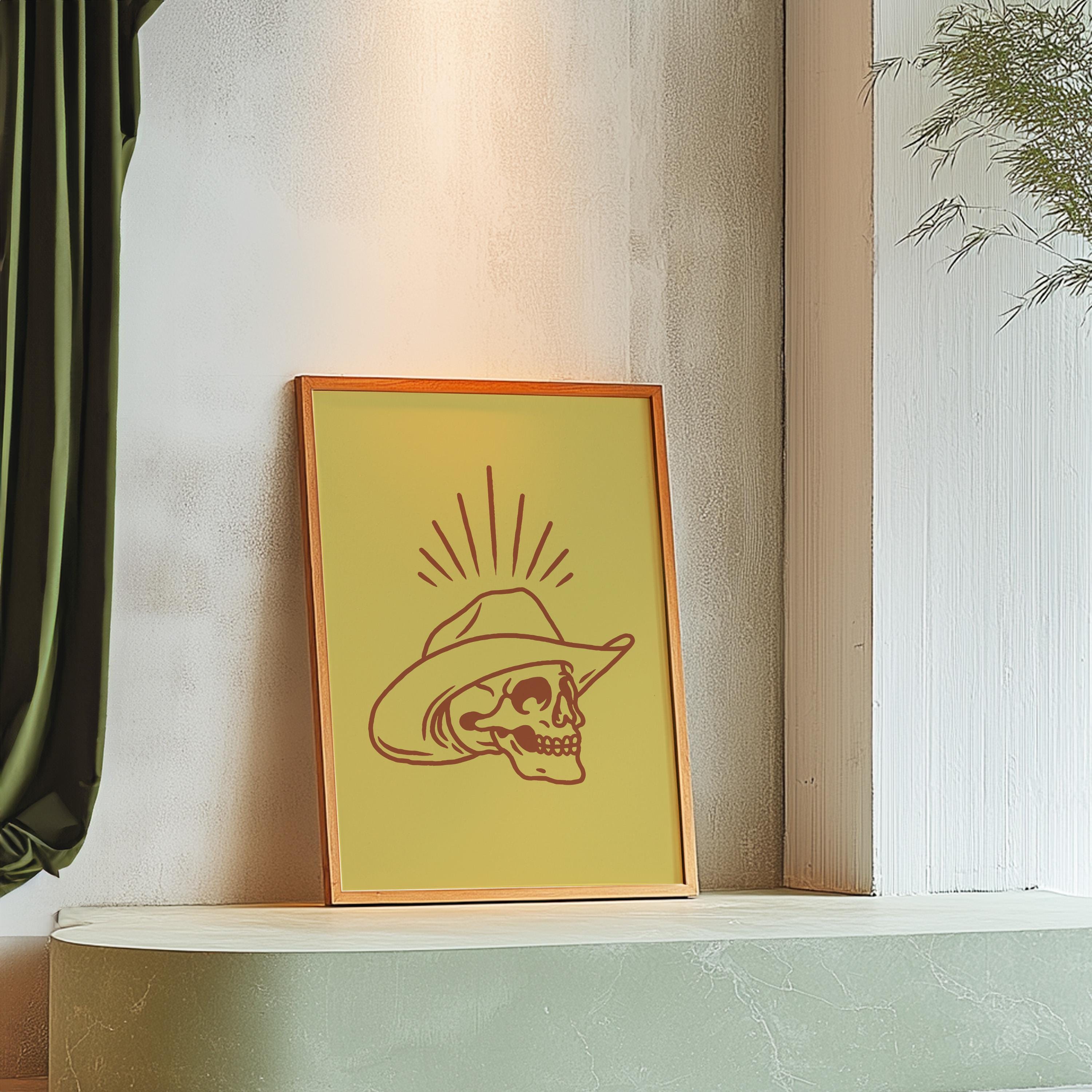 Yellow Cowboy Art, Retro Cowboy Art, Giddy Up Art Print, Skull Cowboy Poster, Yellow Art Print, Large Western Wall Art, GS Print Shoppe