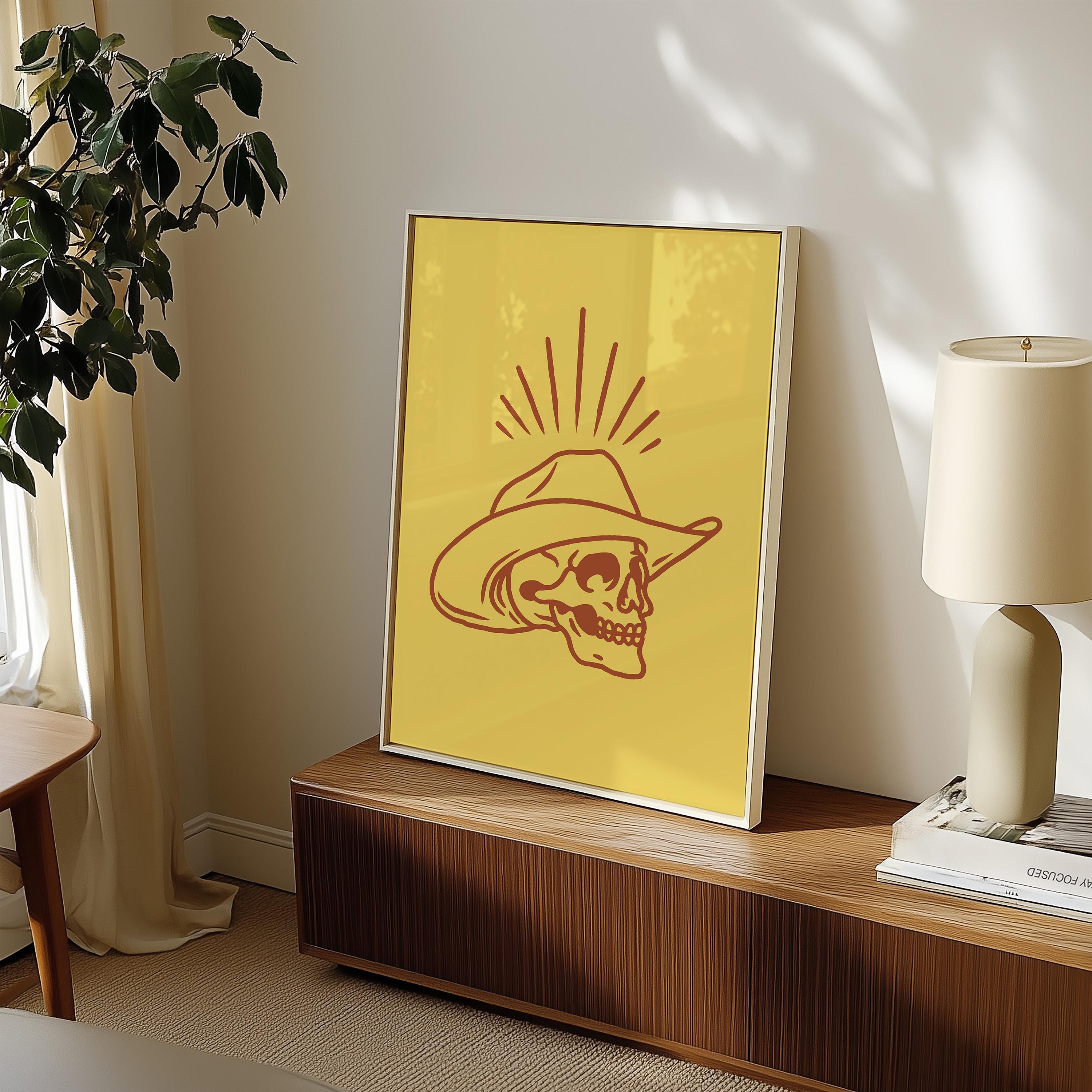 Yellow Cowboy Art, Retro Cowboy Art, Giddy Up Art Print, Skull Cowboy Poster, Yellow Art Print, Large Western Wall Art, GS Print Shoppe