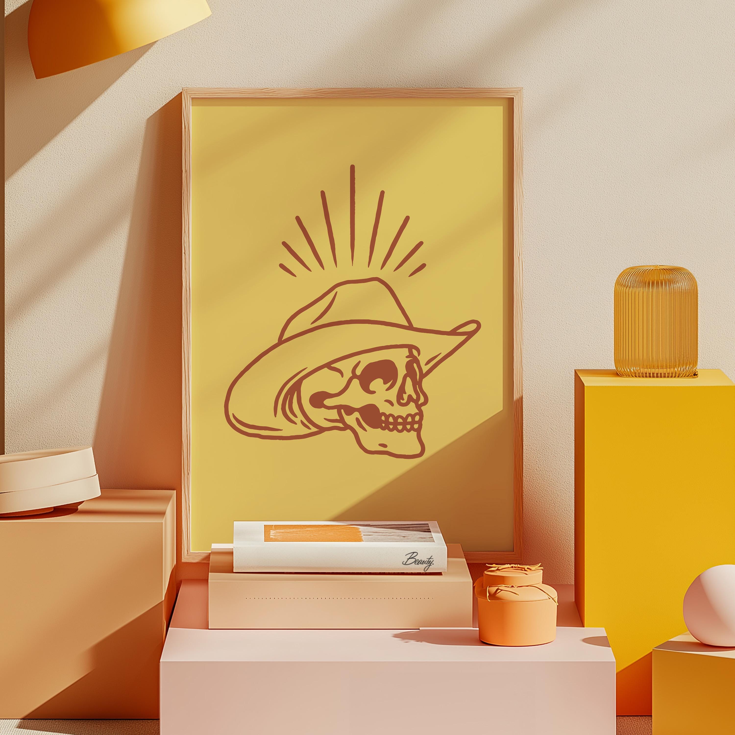 Yellow Cowboy Art, Retro Cowboy Art, Giddy Up Art Print, Skull Cowboy Poster, Yellow Art Print, Large Western Wall Art, GS Print Shoppe