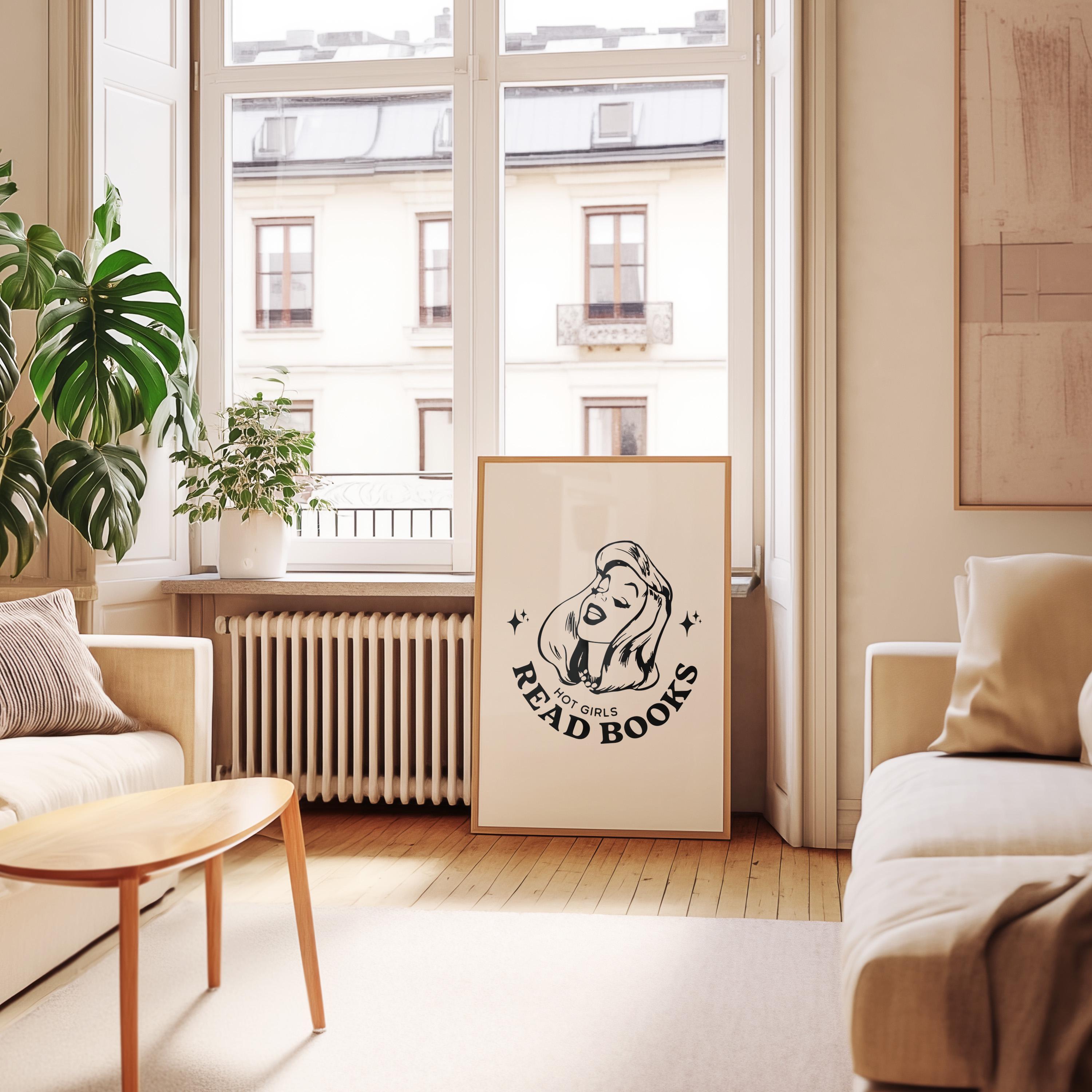 Hot Girls Read-Large Wall Art-White Wall Print-Retro Cartoon Art-Downloadable Print-Reading Art Prints-Living Room Decor-Funny Wall Art