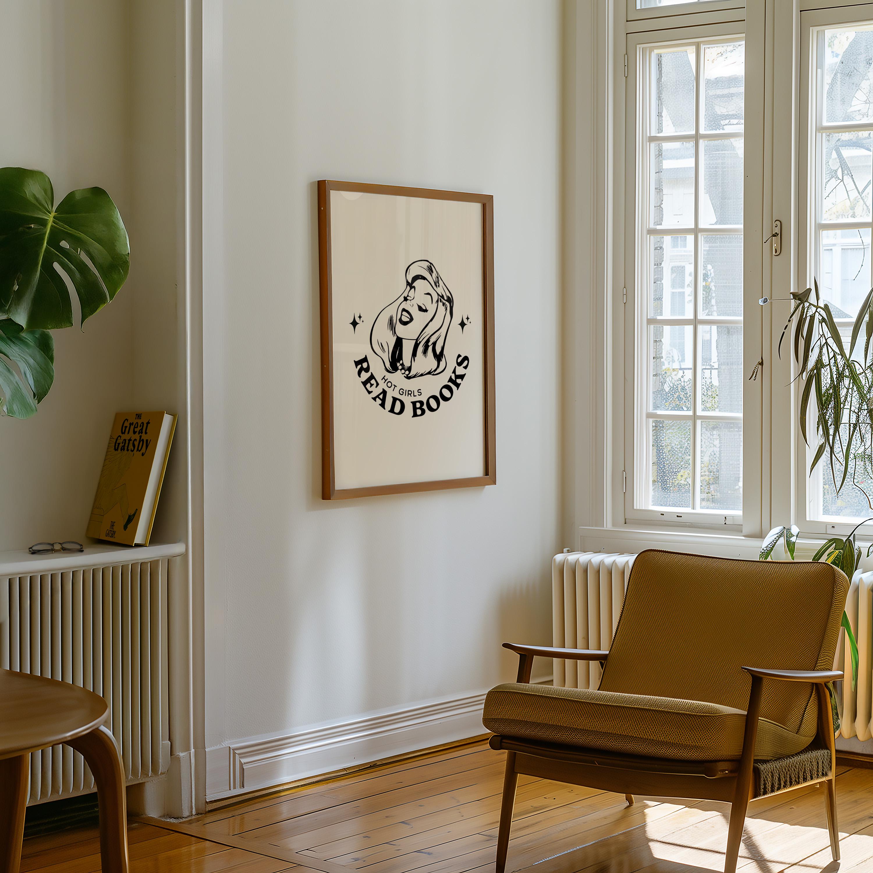 Hot Girls Read-Large Wall Art-White Wall Print-Retro Cartoon Art-Downloadable Print-Reading Art Prints-Living Room Decor-Funny Wall Art