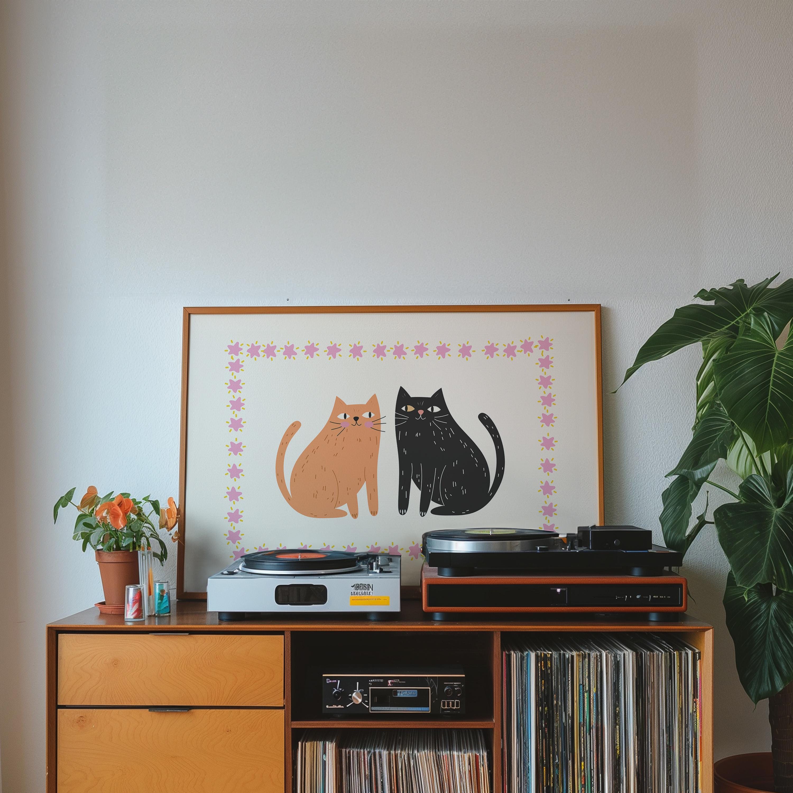 kitten art print, cute cat art, girls room decor, cat lover art, digital download, pink and yellow art, kitten art prints, gs print shoppe