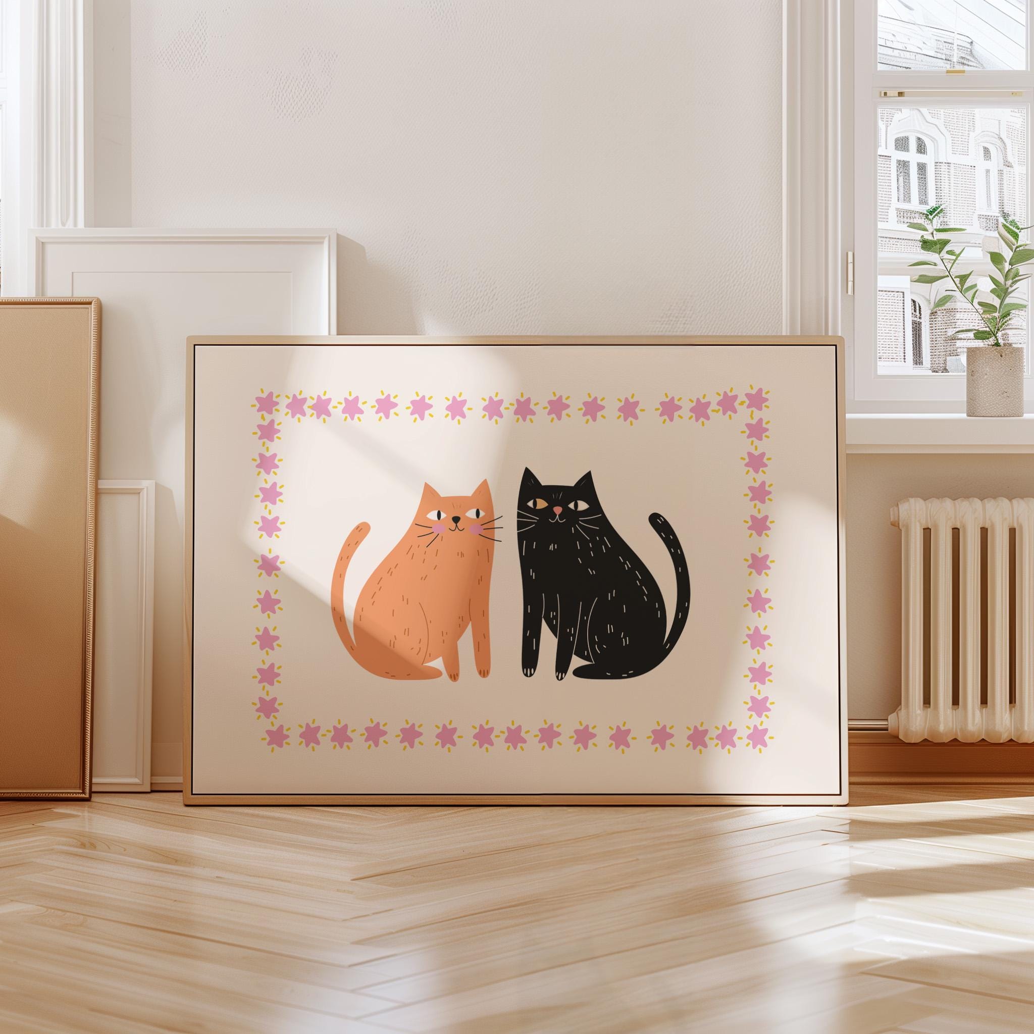kitten art print, cute cat art, girls room decor, cat lover art, digital download, pink and yellow art, kitten art prints, gs print shoppe