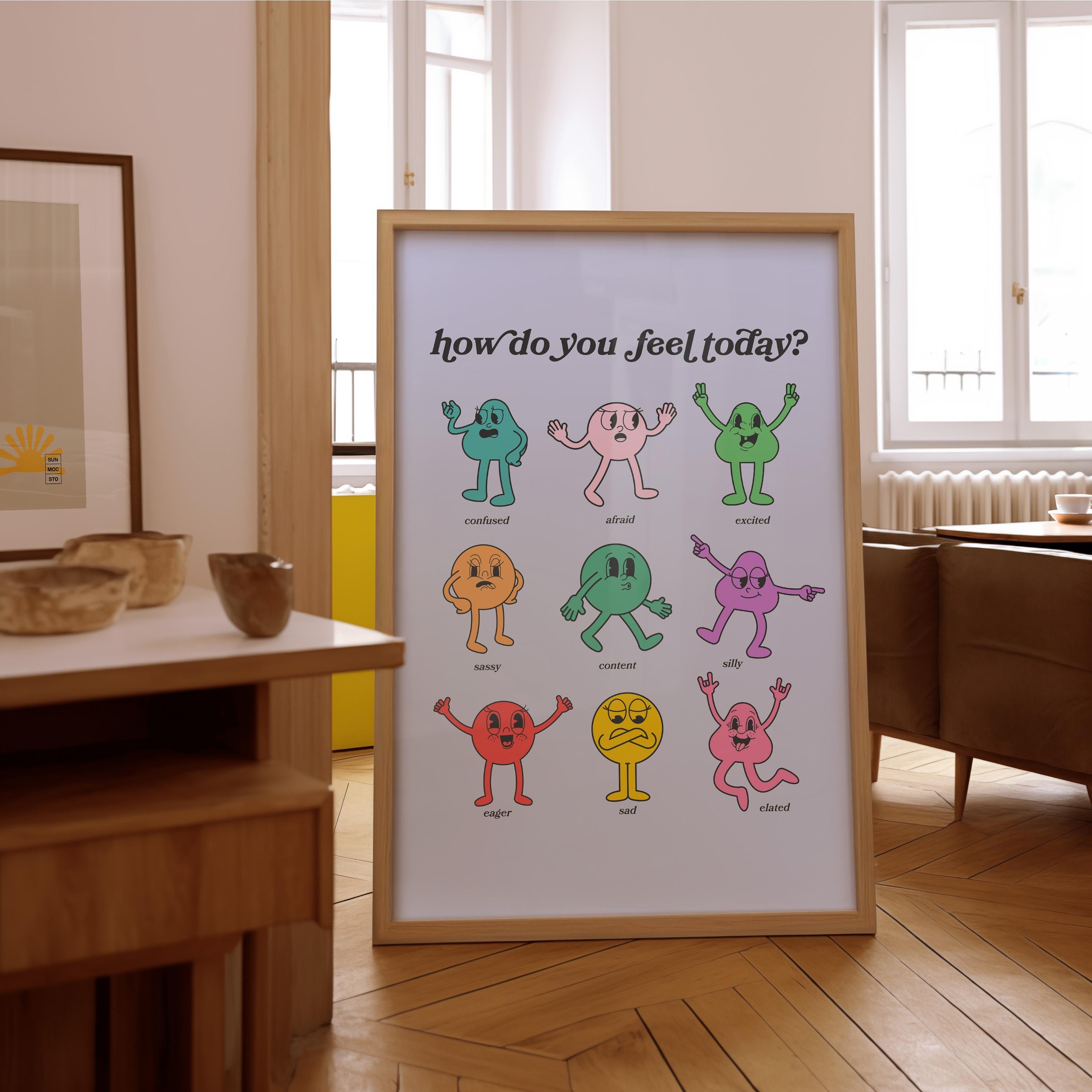 How Do You Feel Today? Retro Quote, Digital Prints Wall Art, Digital Prints, Emotions Art Prints, Mood and Feelings Poster, School Posters