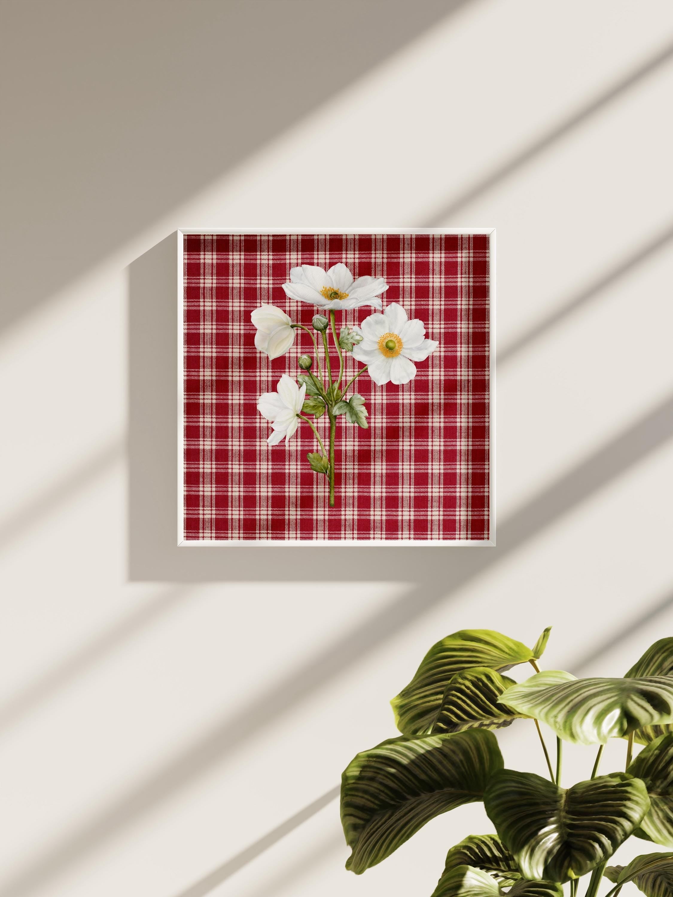 Red Art Print, Vintage Aesthetic Art, Apartment Art, Checker Art, Bedroom Art Decor, Retro Flower Art, gs print shoppe, Square art print