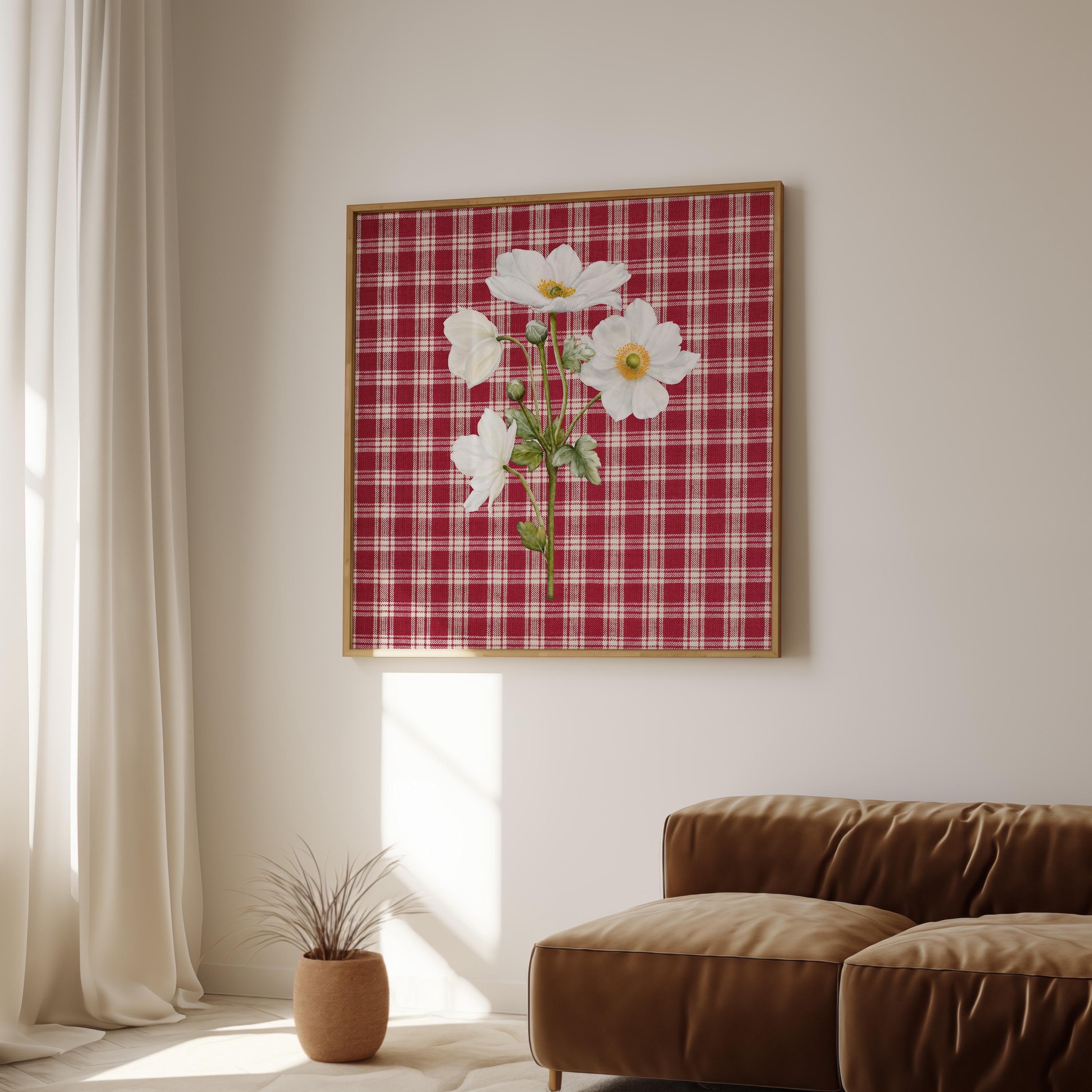 Red Art Print, Vintage Aesthetic Art, Apartment Art, Checker Art, Bedroom Art Decor, Retro Flower Art, gs print shoppe, Square art print