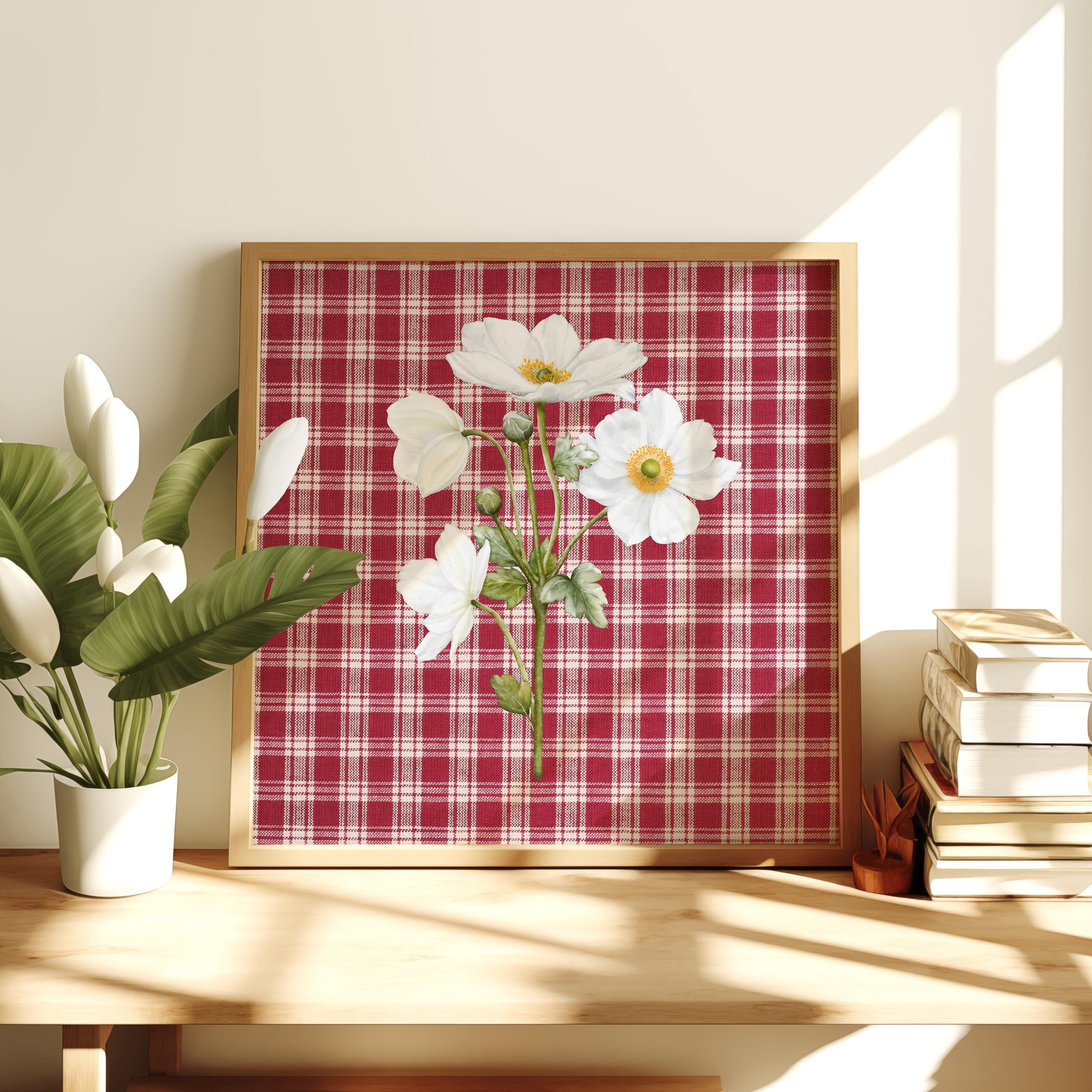 Red Art Print, Vintage Aesthetic Art, Apartment Art, Checker Art, Bedroom Art Decor, Retro Flower Art, gs print shoppe, Square art print