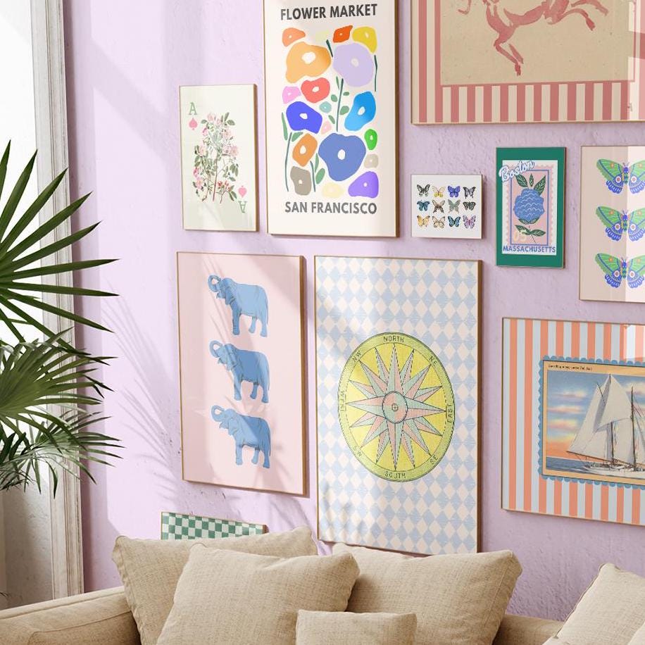 Set of 17 Prints, GS Print Shoppe, Wall Art Decor, Christmas Gift, Vintage Gallery Wall, Retro Trendy Gallery Wall, Blue and Pink Art Bundle