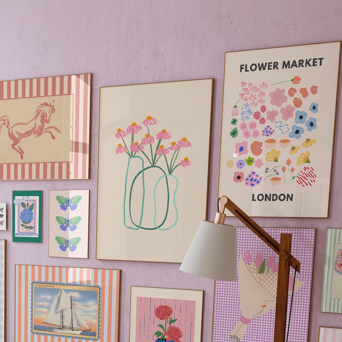Set of 17 Prints, GS Print Shoppe, Wall Art Decor, Christmas Gift, Vintage Gallery Wall, Retro Trendy Gallery Wall, Blue and Pink Art Bundle