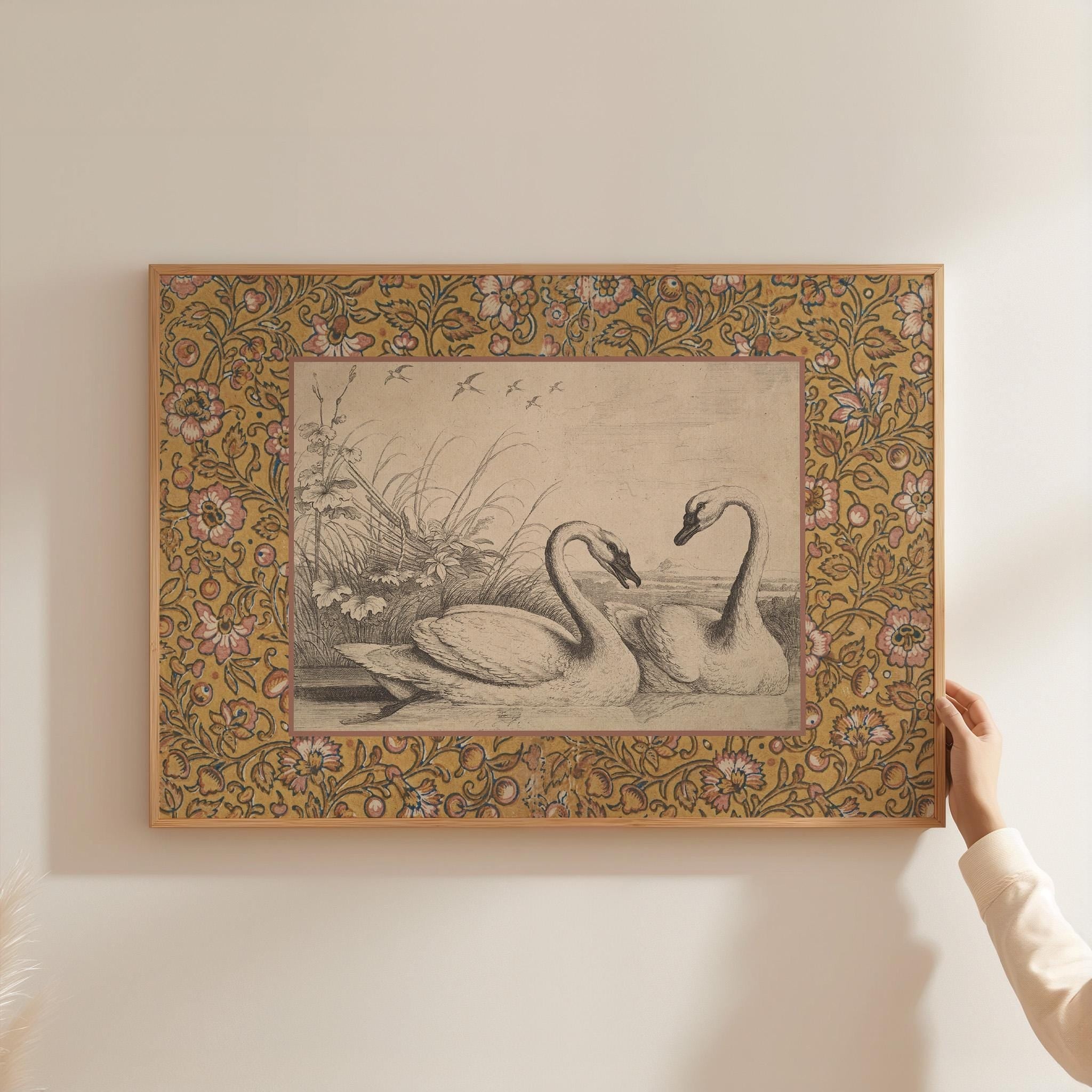 Vintage Yellow Toile Swans Print, Digital Downloadable Wall Art, Trendy Decor, Botanical illustration, Living Room Art, Cottage, Nursery