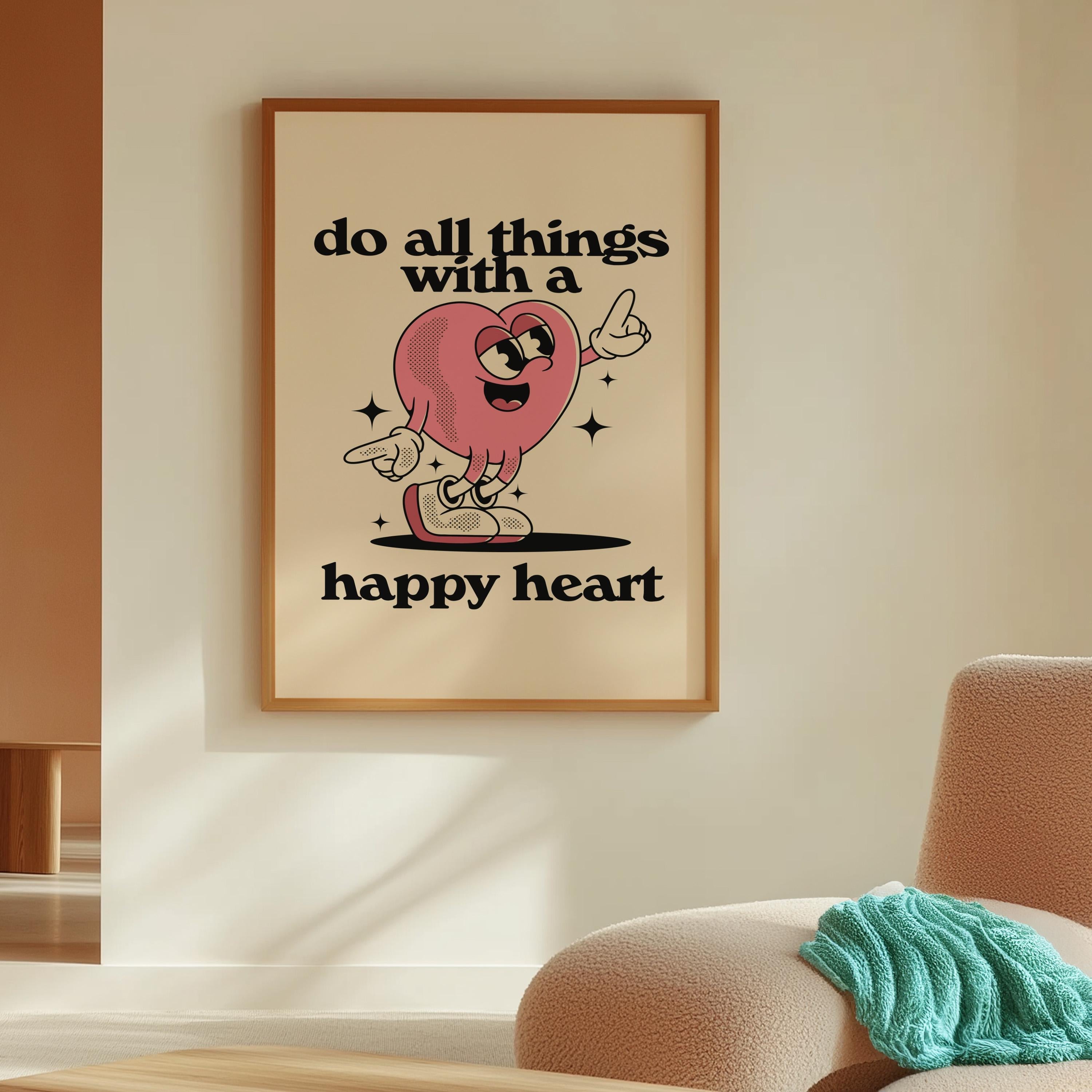 Happy Heart Trendy Posters | Classroom Art & Kids Room Downloadable Print | Cute Cartoon Vintage Mascot Art