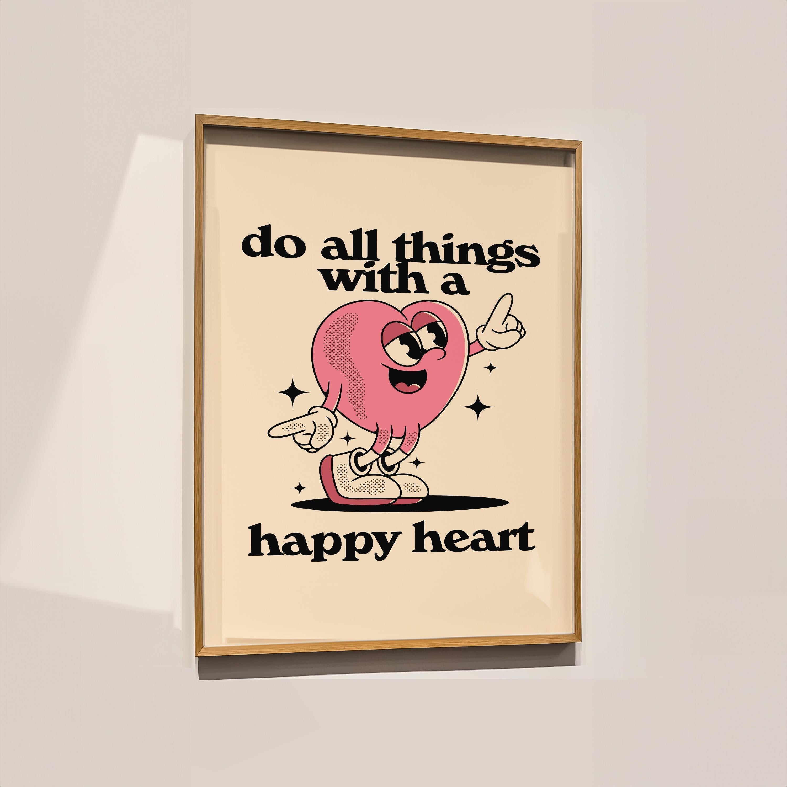 Happy Heart Trendy Posters | Classroom Art & Kids Room Downloadable Print | Cute Cartoon Vintage Mascot Art