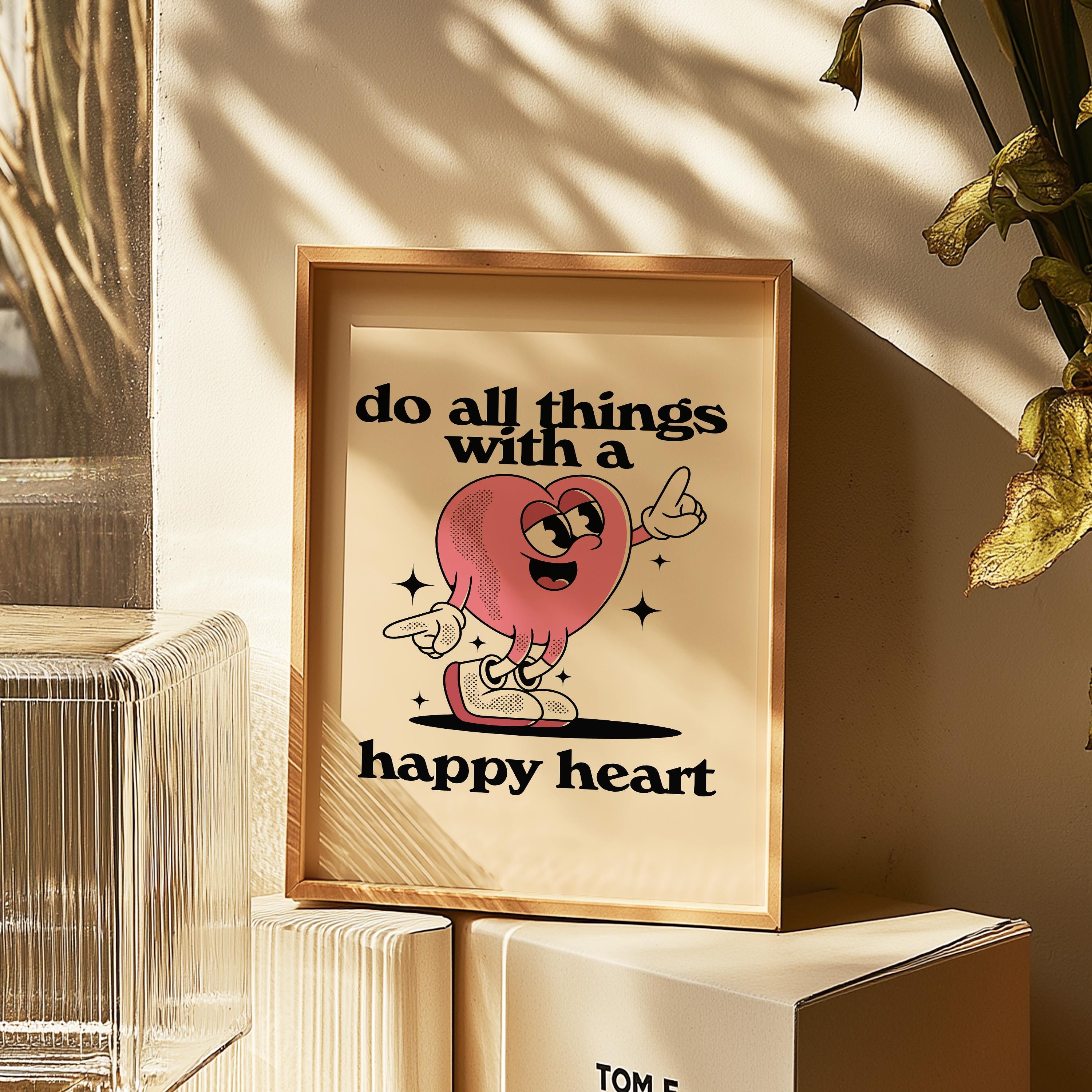 Happy Heart Trendy Posters | Classroom Art & Kids Room Downloadable Print | Cute Cartoon Vintage Mascot Art