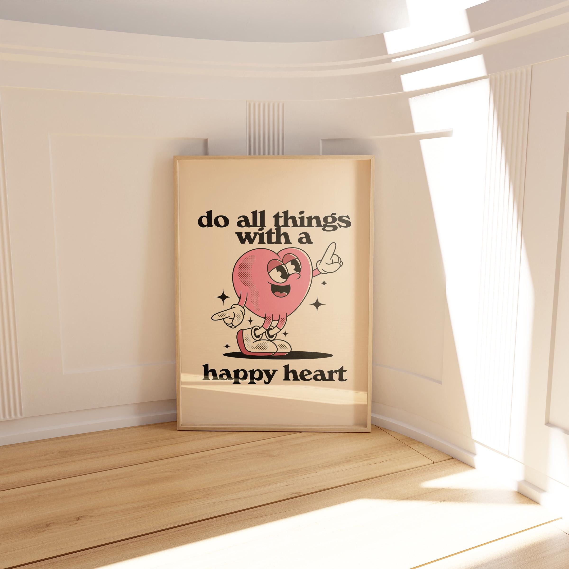 Happy Heart Trendy Posters | Classroom Art & Kids Room Downloadable Print | Cute Cartoon Vintage Mascot Art