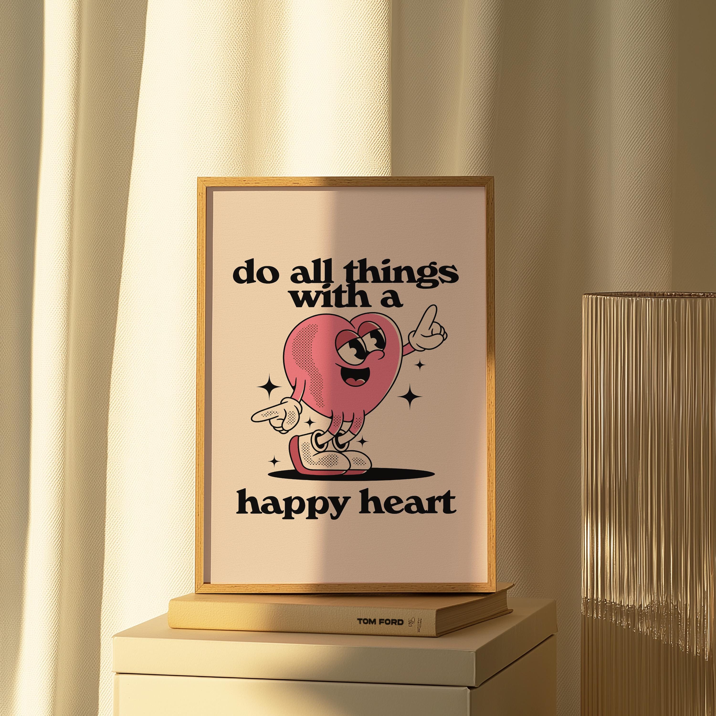 Happy Heart Trendy Posters | Classroom Art & Kids Room Downloadable Print | Cute Cartoon Vintage Mascot Art