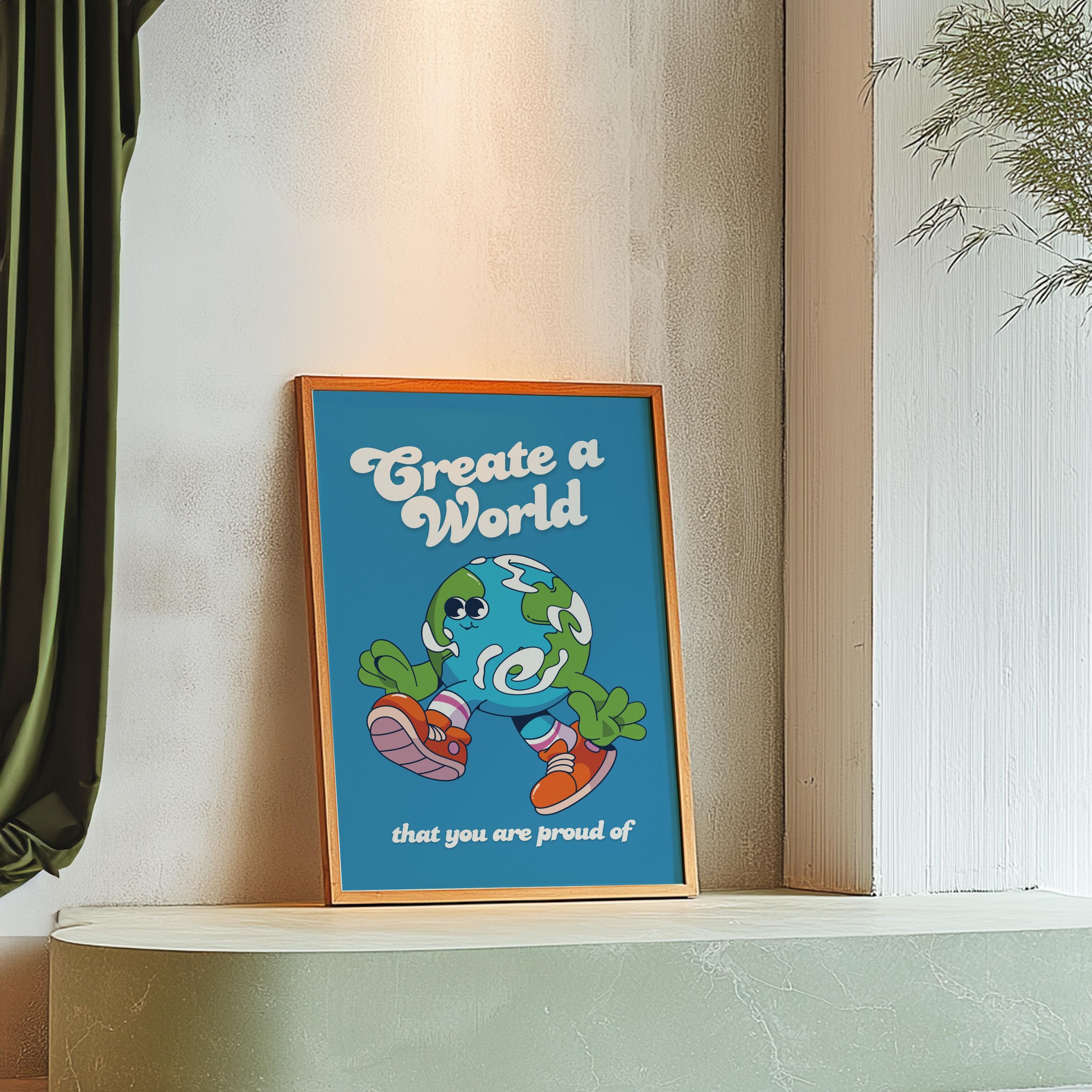 Classroom Art, Kids Room Art, Downloadable Print, Cartoon Art Print, Earth Cartoon Art, Trendy Posters, Vintage Mascot Art, Positive Art