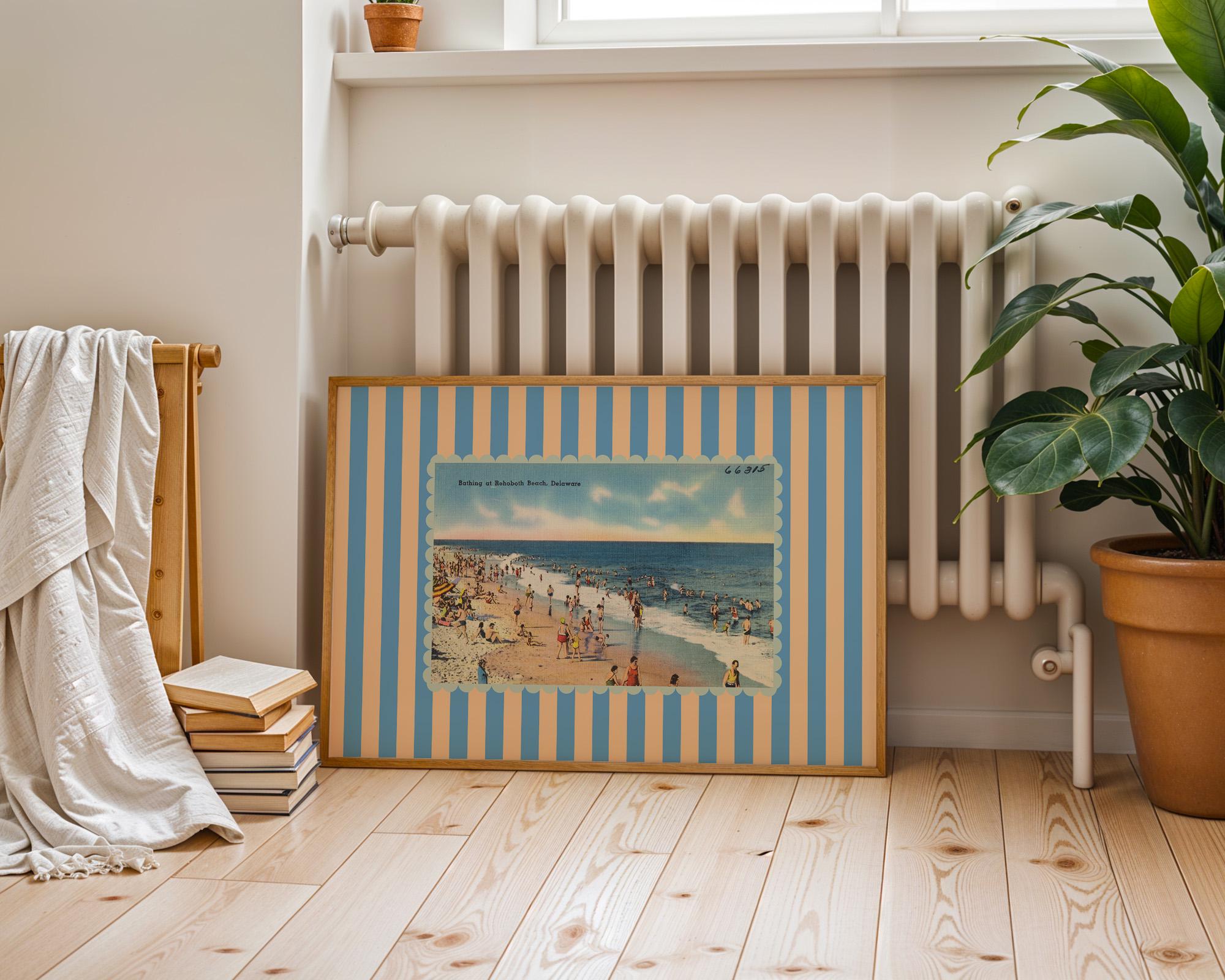 East Coast Art, Vintage Beach Art, Rehoboth Beach Art, Trendy Striped Art, Delaware Art, Retro Print, Girls Room Art, Kids Room Decor